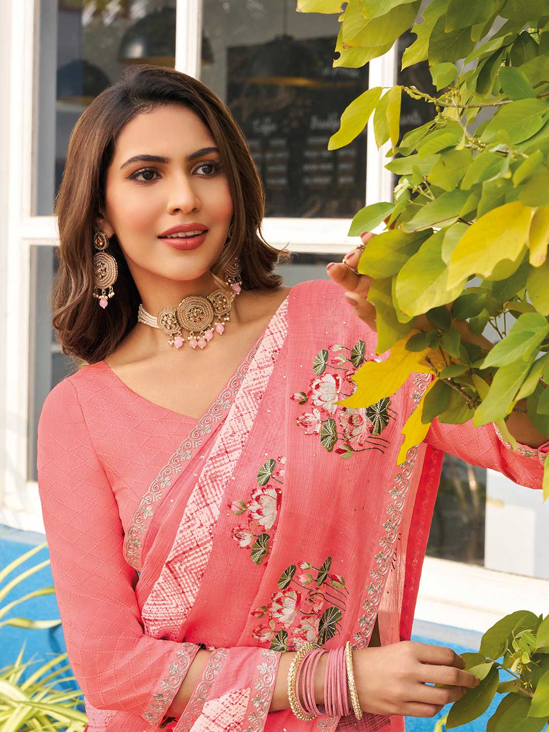 Pink embroidered chiffon saree