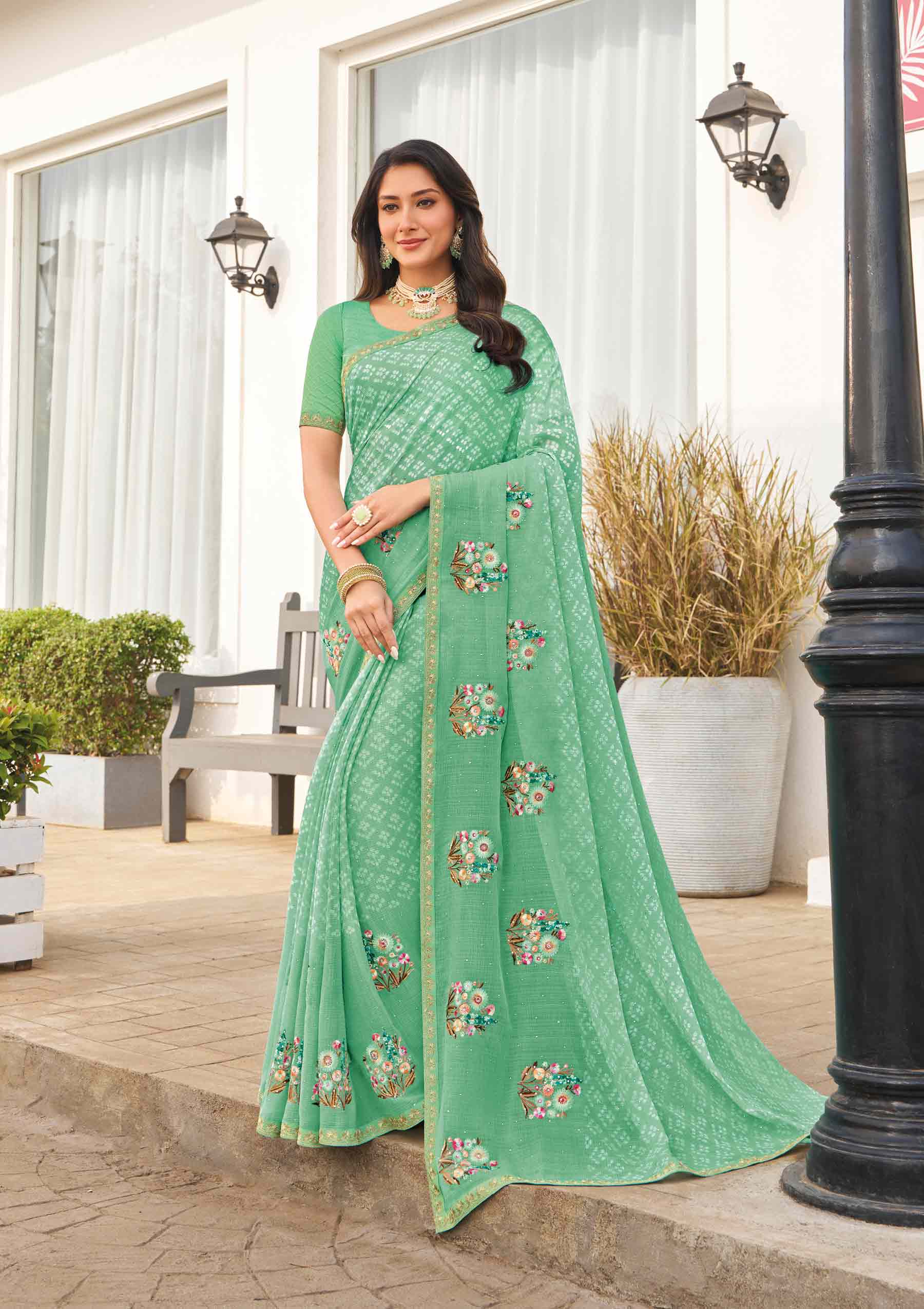 Green floral embroidered saree