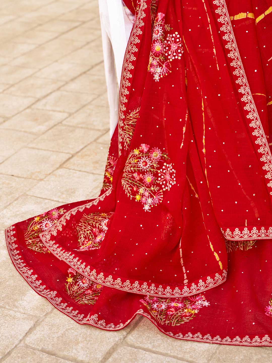 red chiffon saree