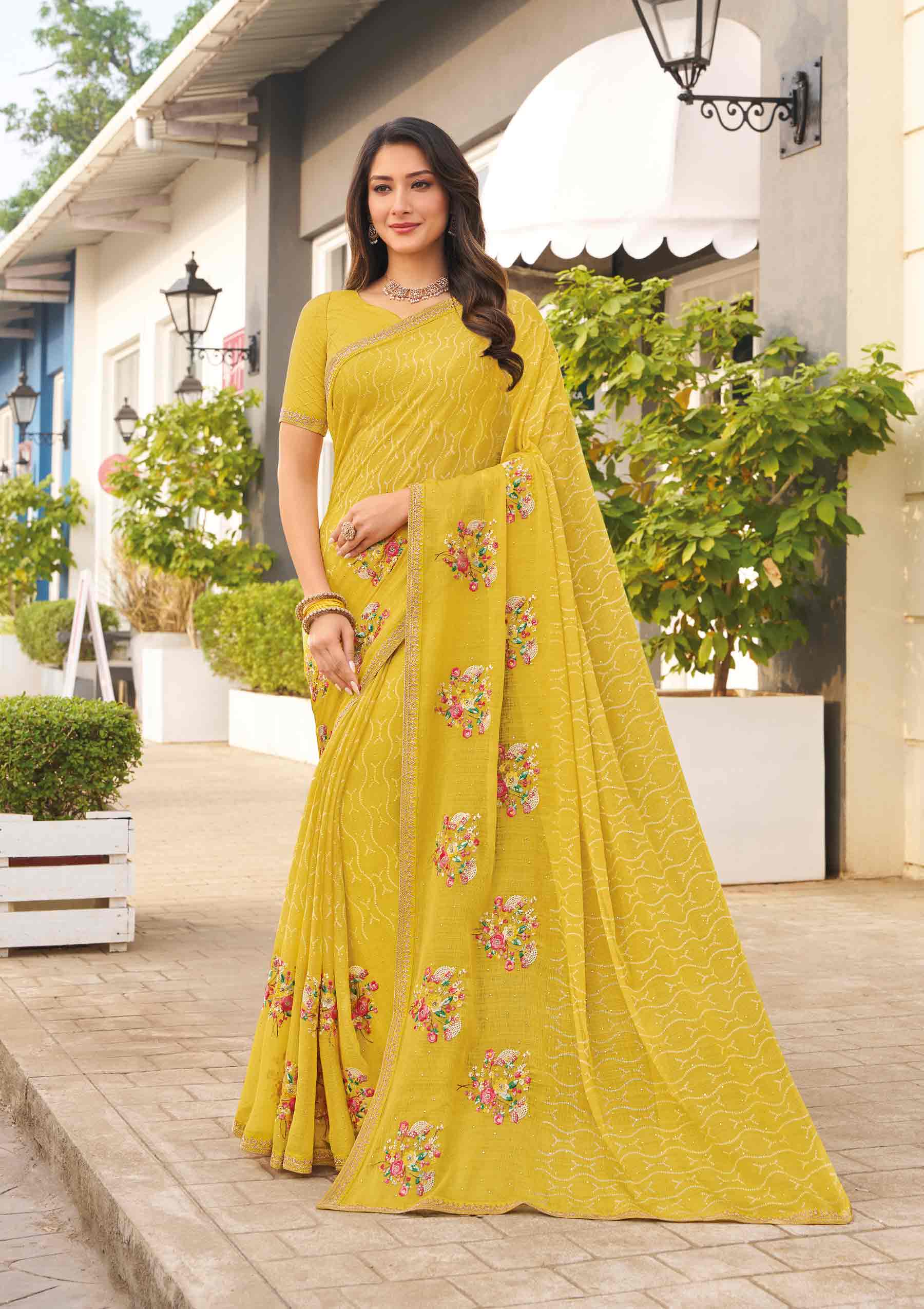 Laxmipati Mirinda Yellow Chiffon Floral Embroidered Saree