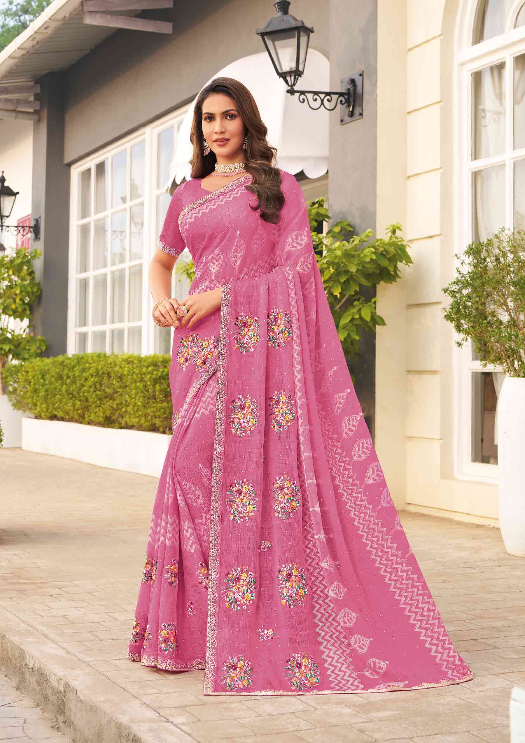 Purple embroidered chiffon saree