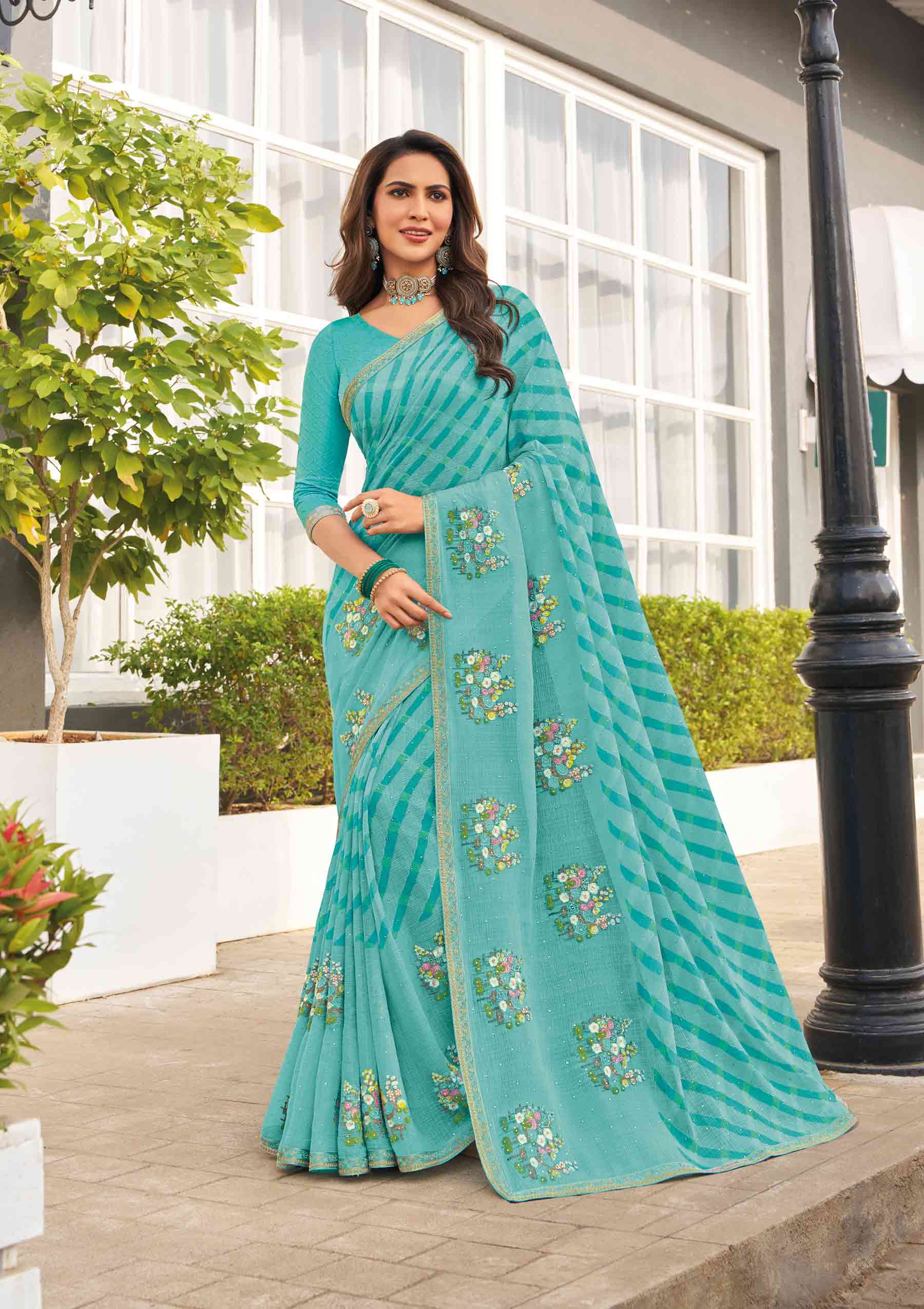 Laxmipati Mirinda Blue Chiffon Floral Embroidered Saree