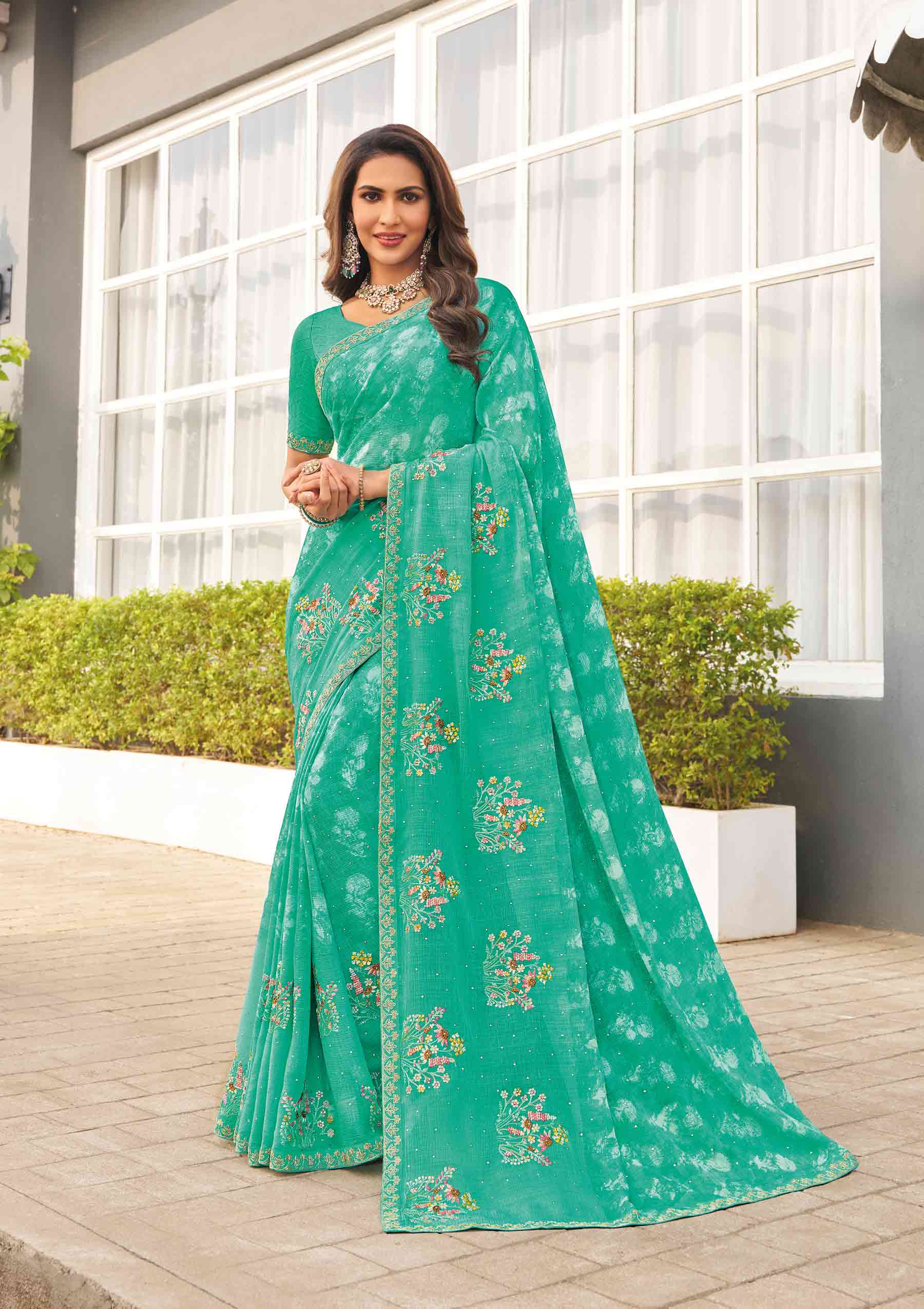 green floral chiffon saree