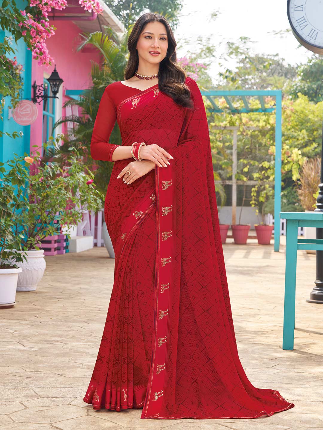 Laxmipati Kaju Anjeer Red Georgette Geometric Printed Saree