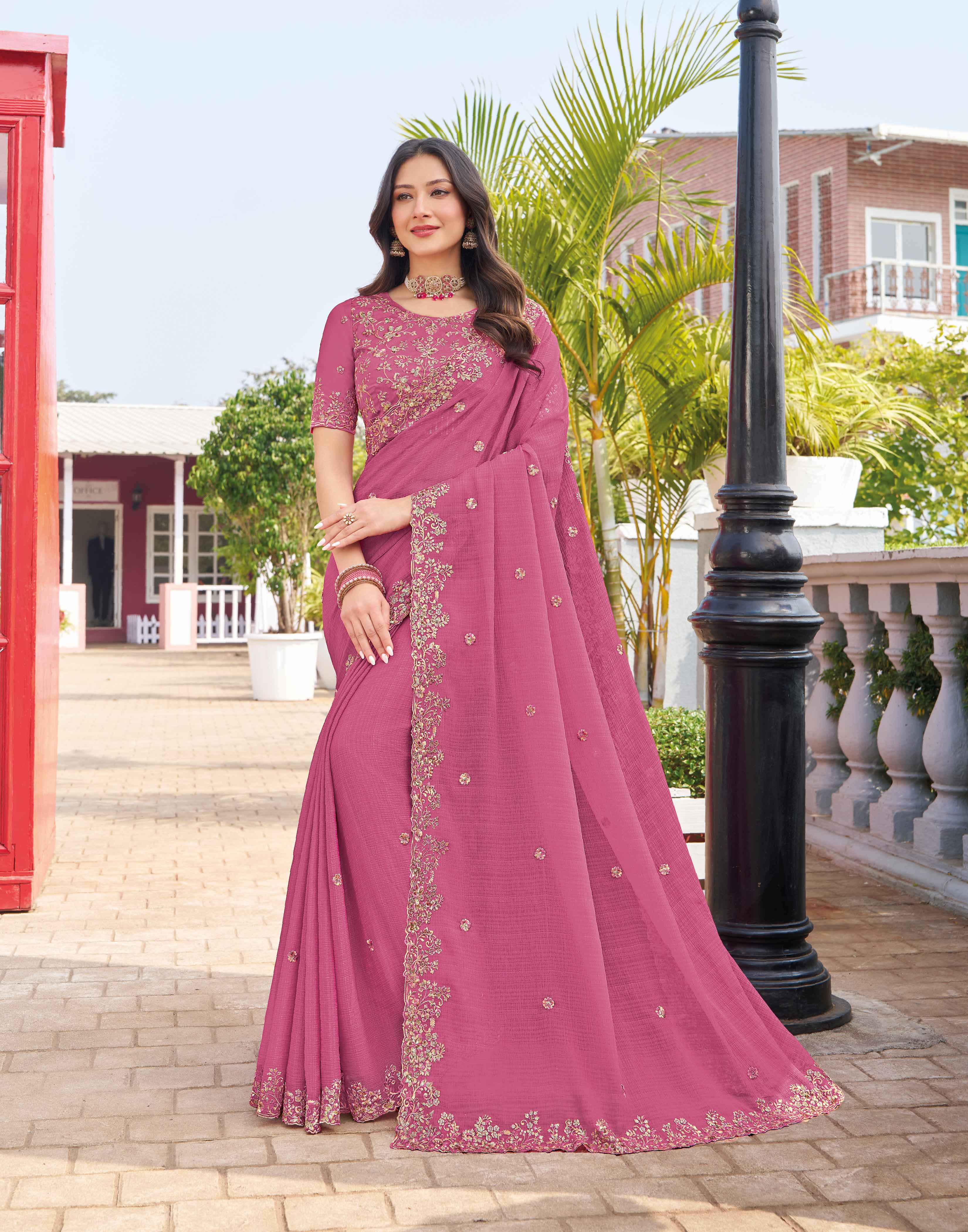 Pink chiffon floral embroidered saree