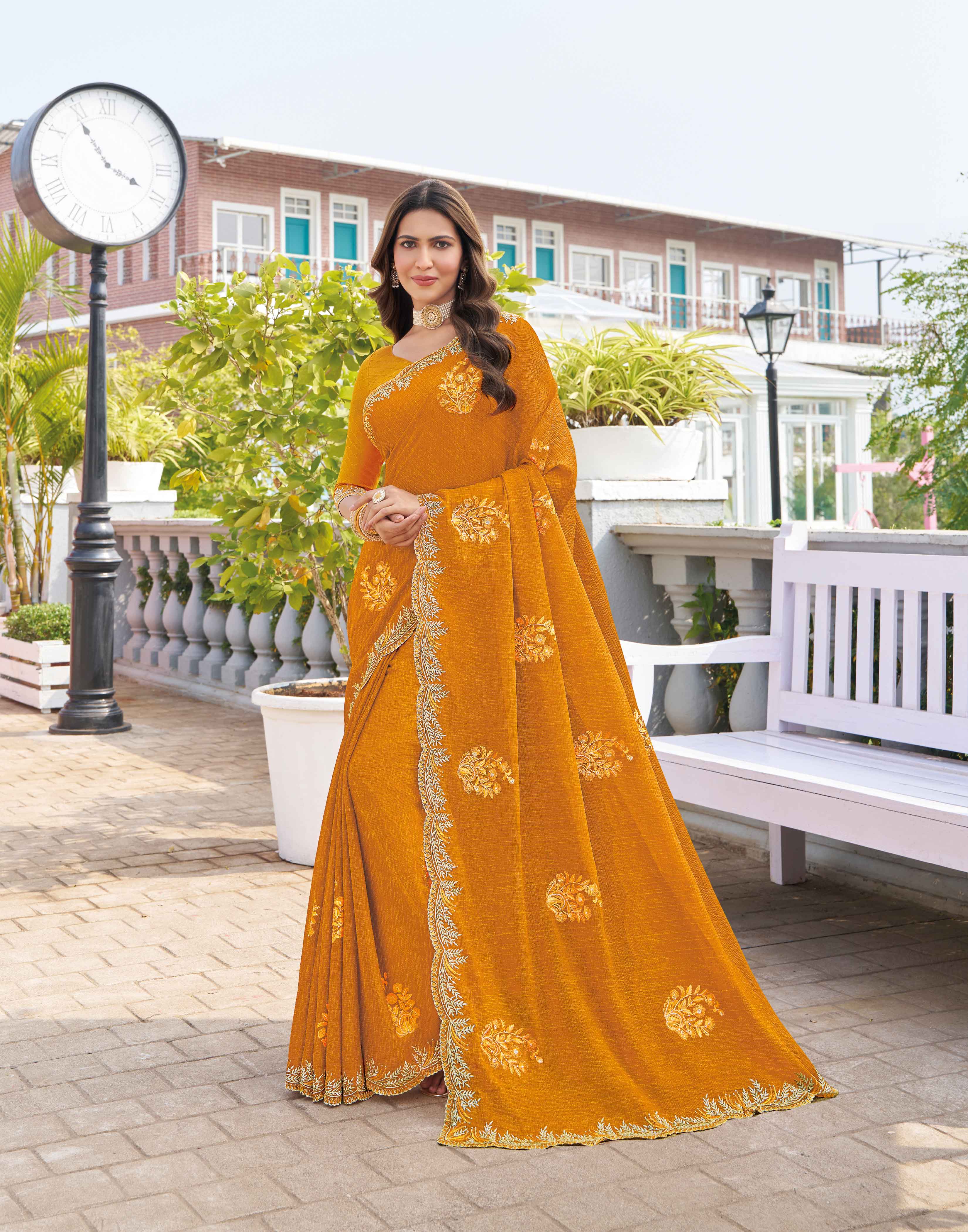 Orange chiffon floral embroidered saree