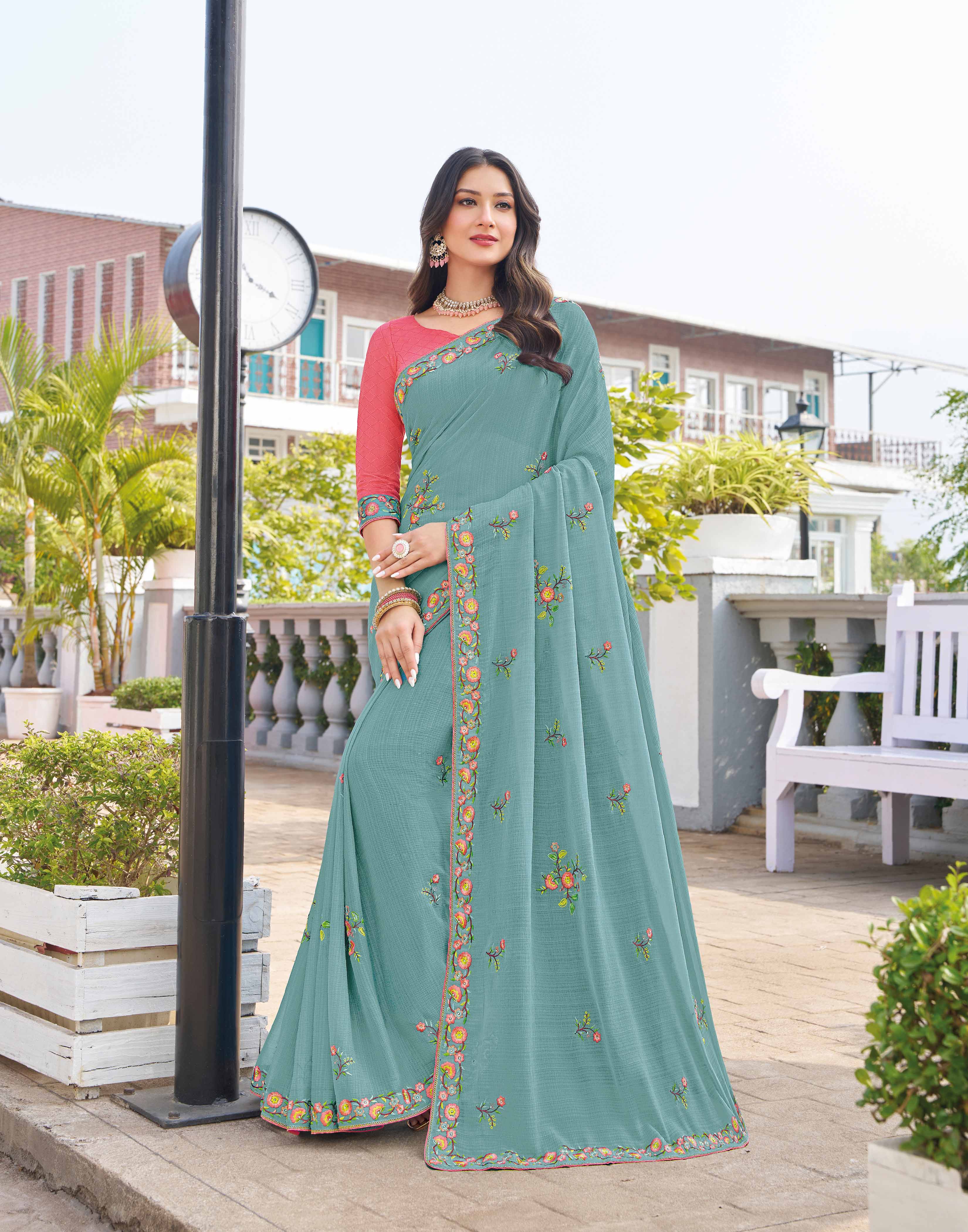 Blue chiffon floral embroidered saree