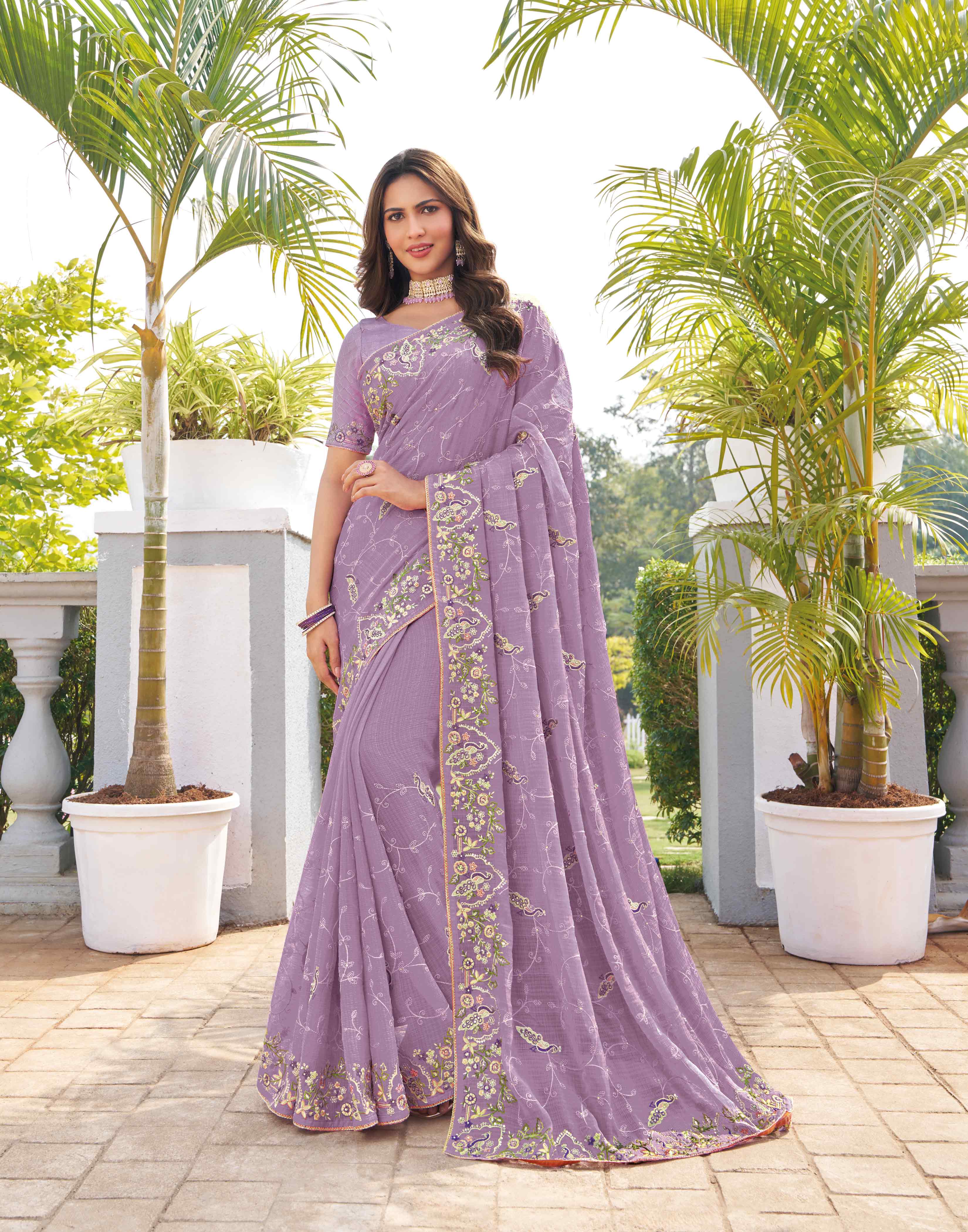 Purple chiffon floral embroidered saree