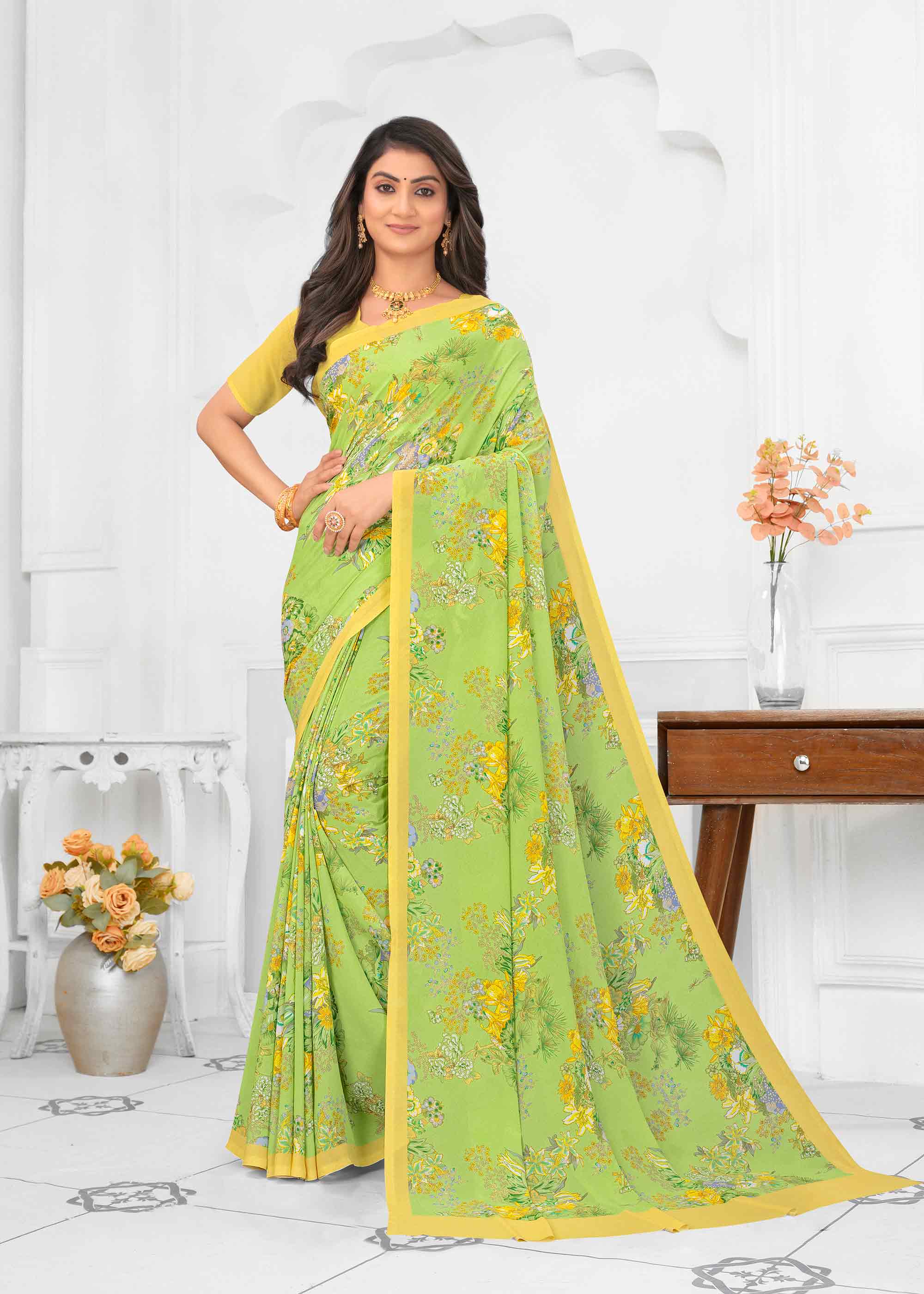 Green silk floral printed saree