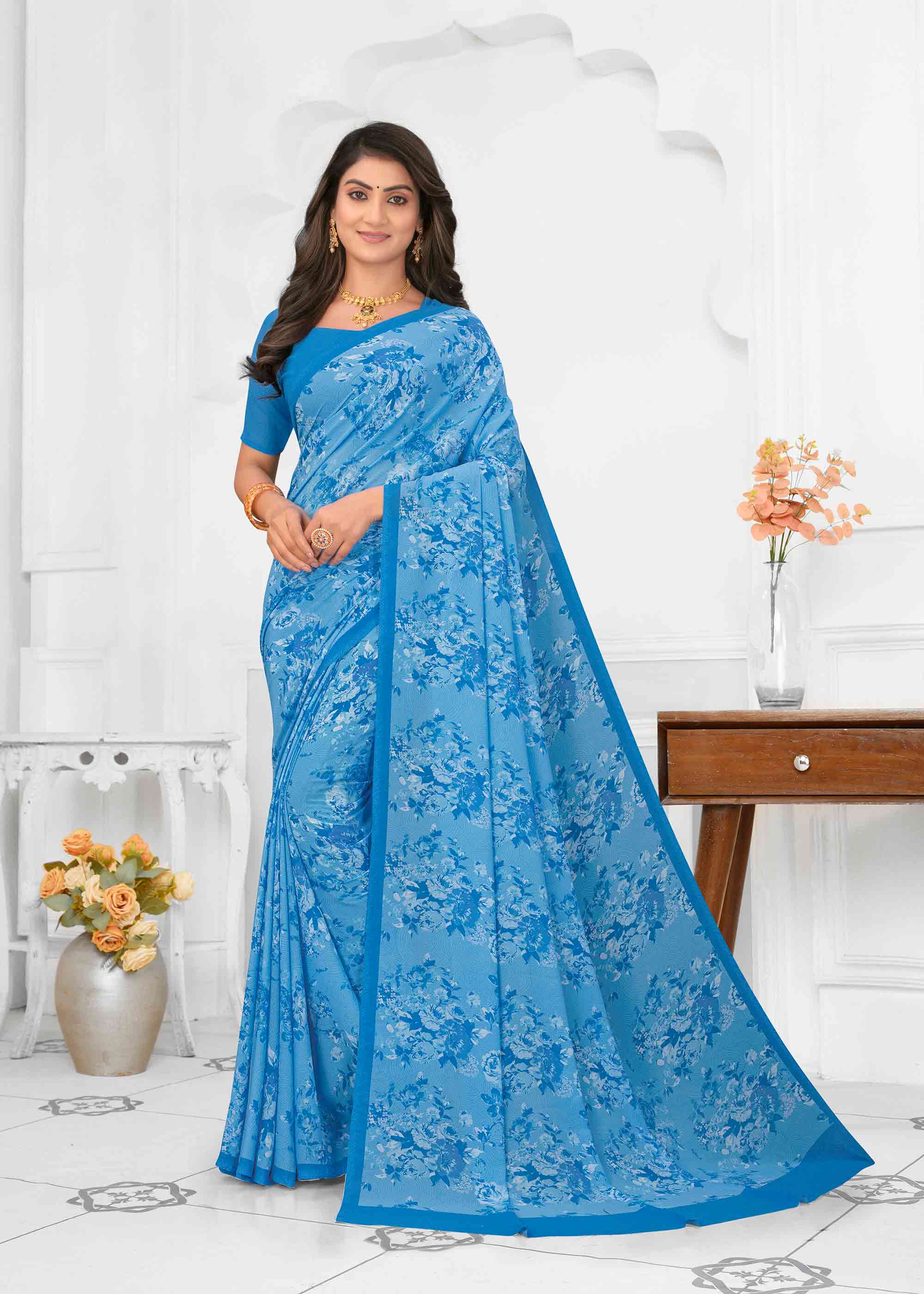 Blue silk floral printed saree