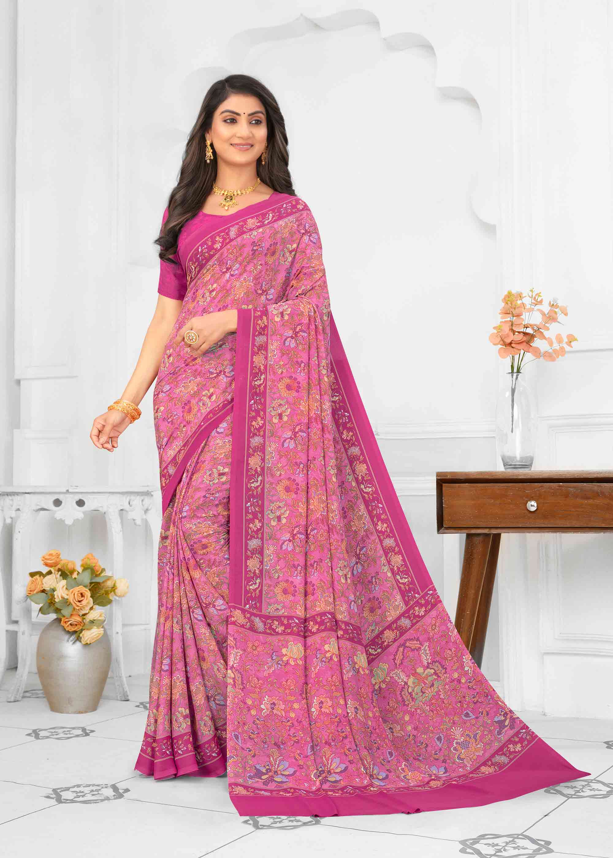 Pink silk floral printed saree