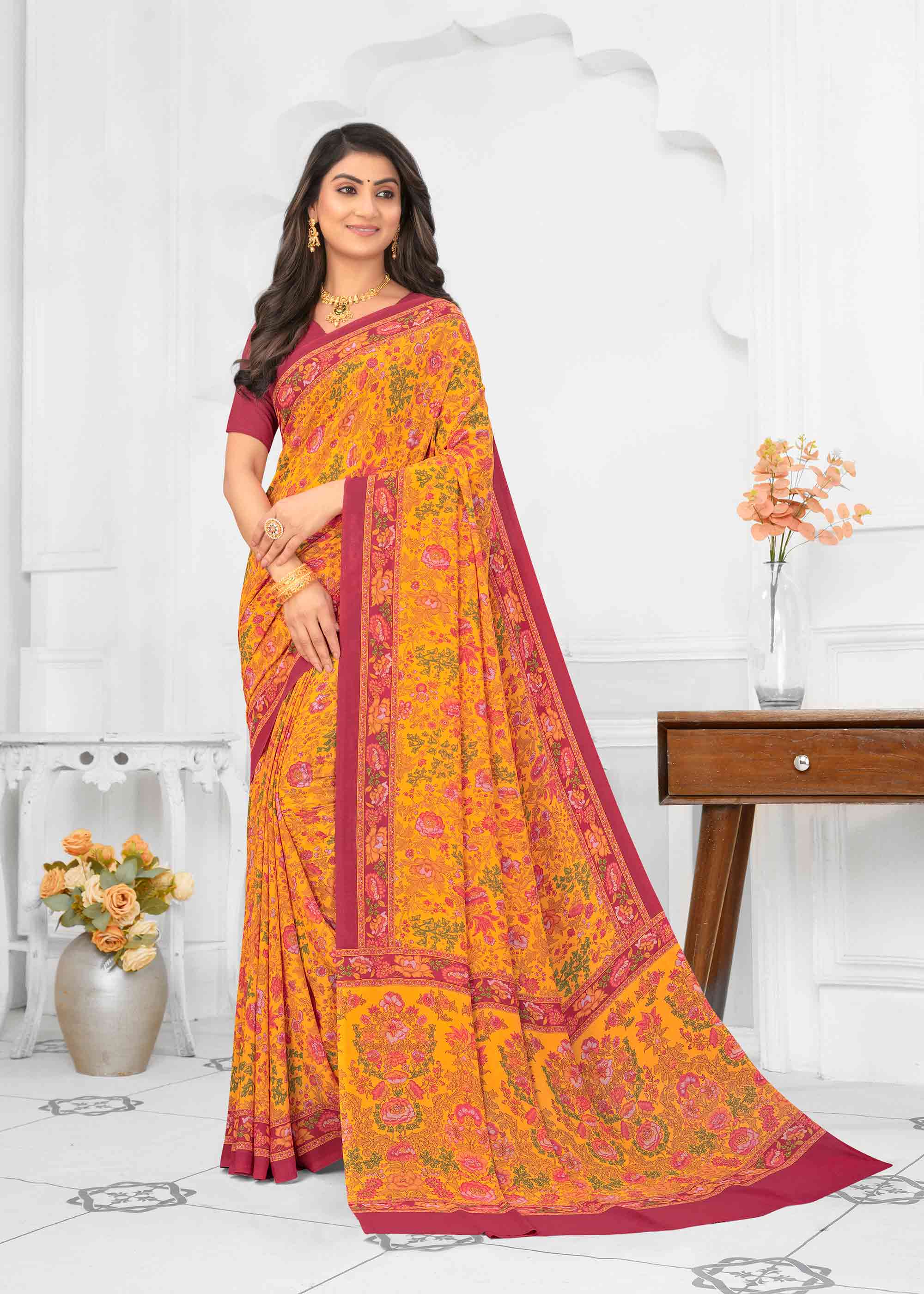Orange silk floral printed saree