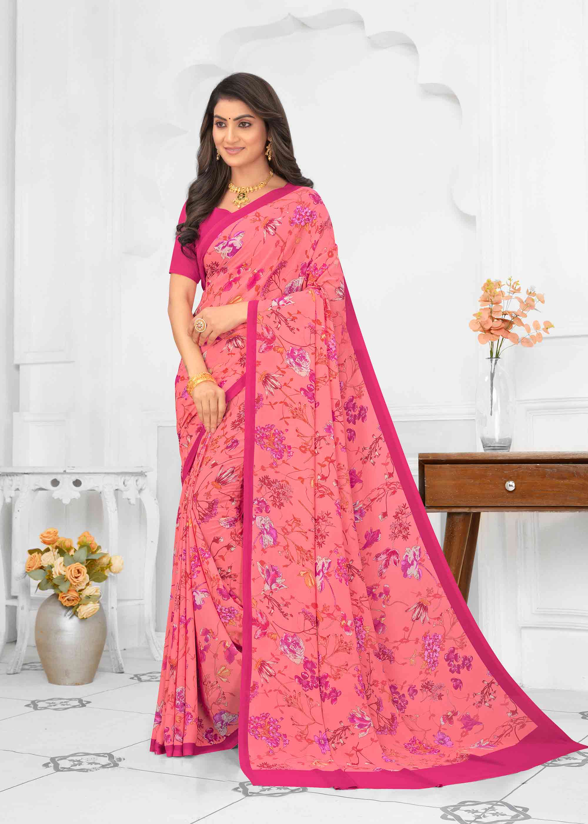 Pink silk floral printed saree