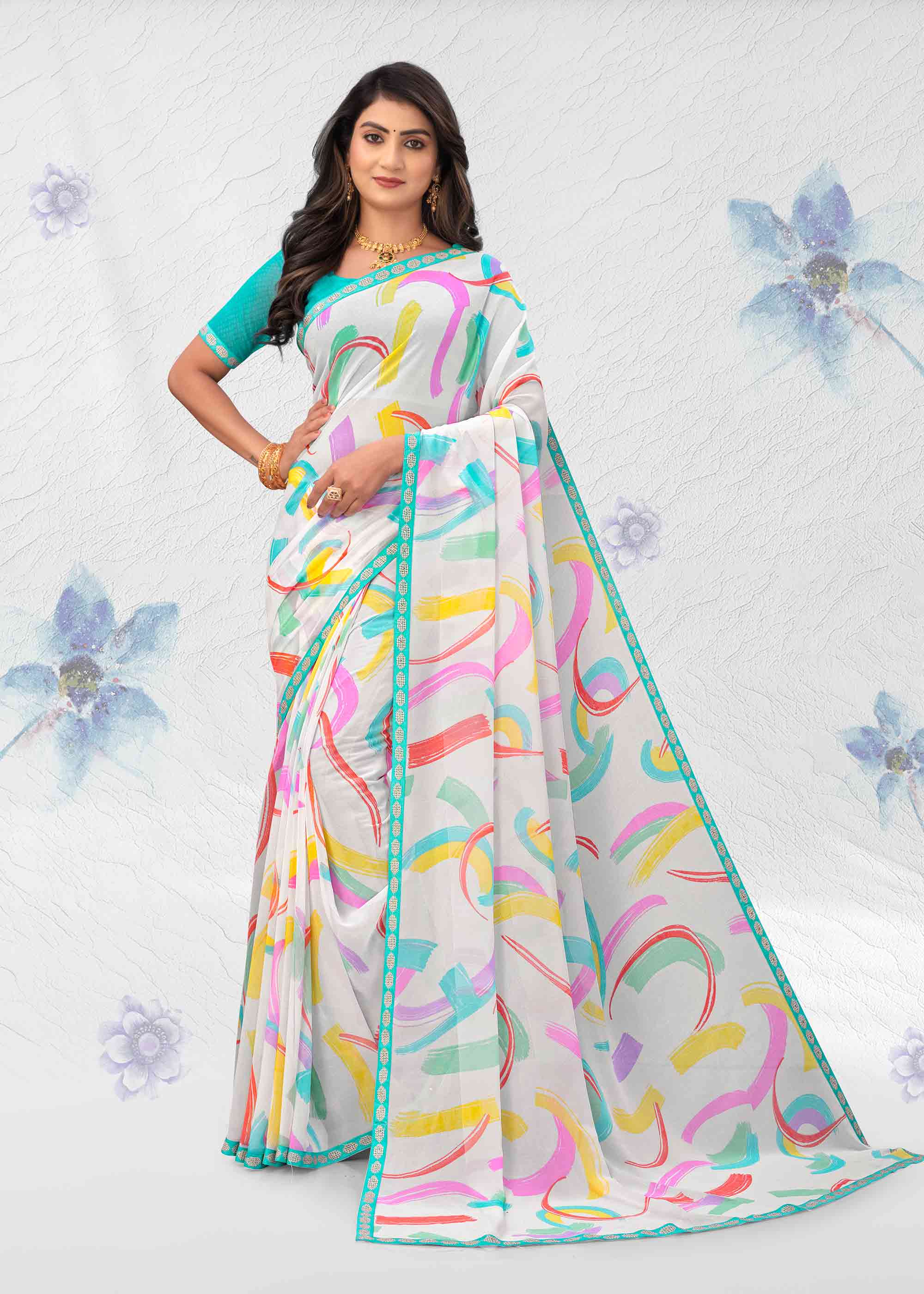 White georgette abstract printed saree