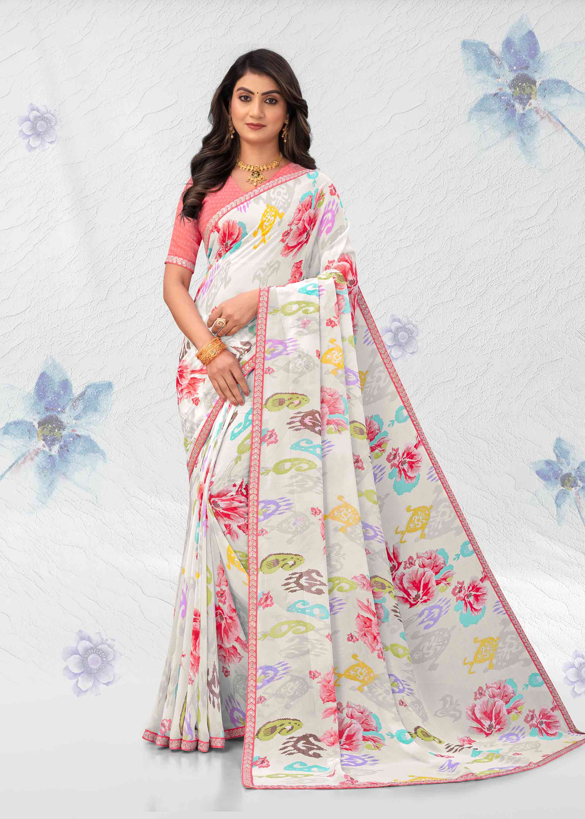 White georgette floral print saree