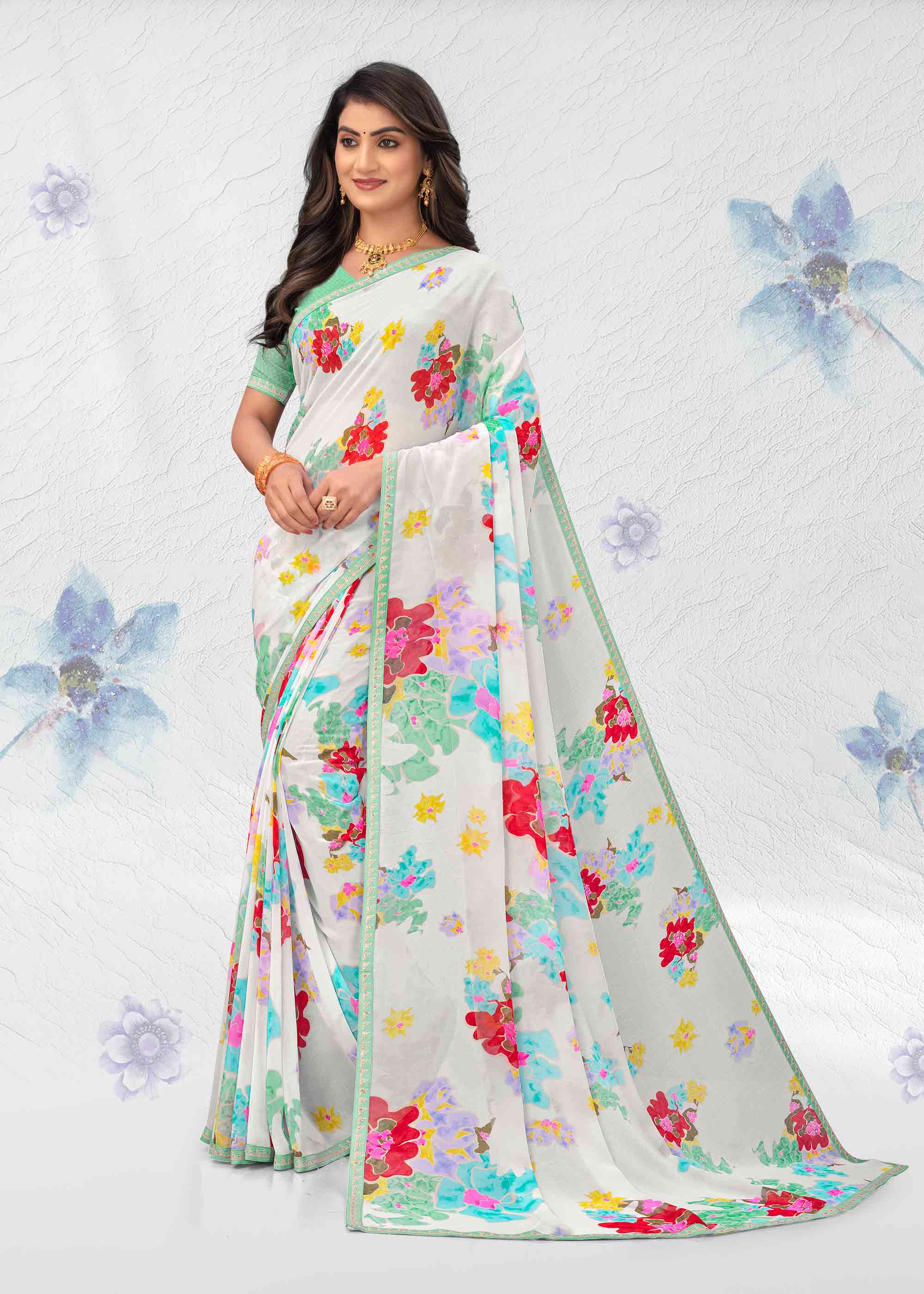 White georgette floral printed saree
