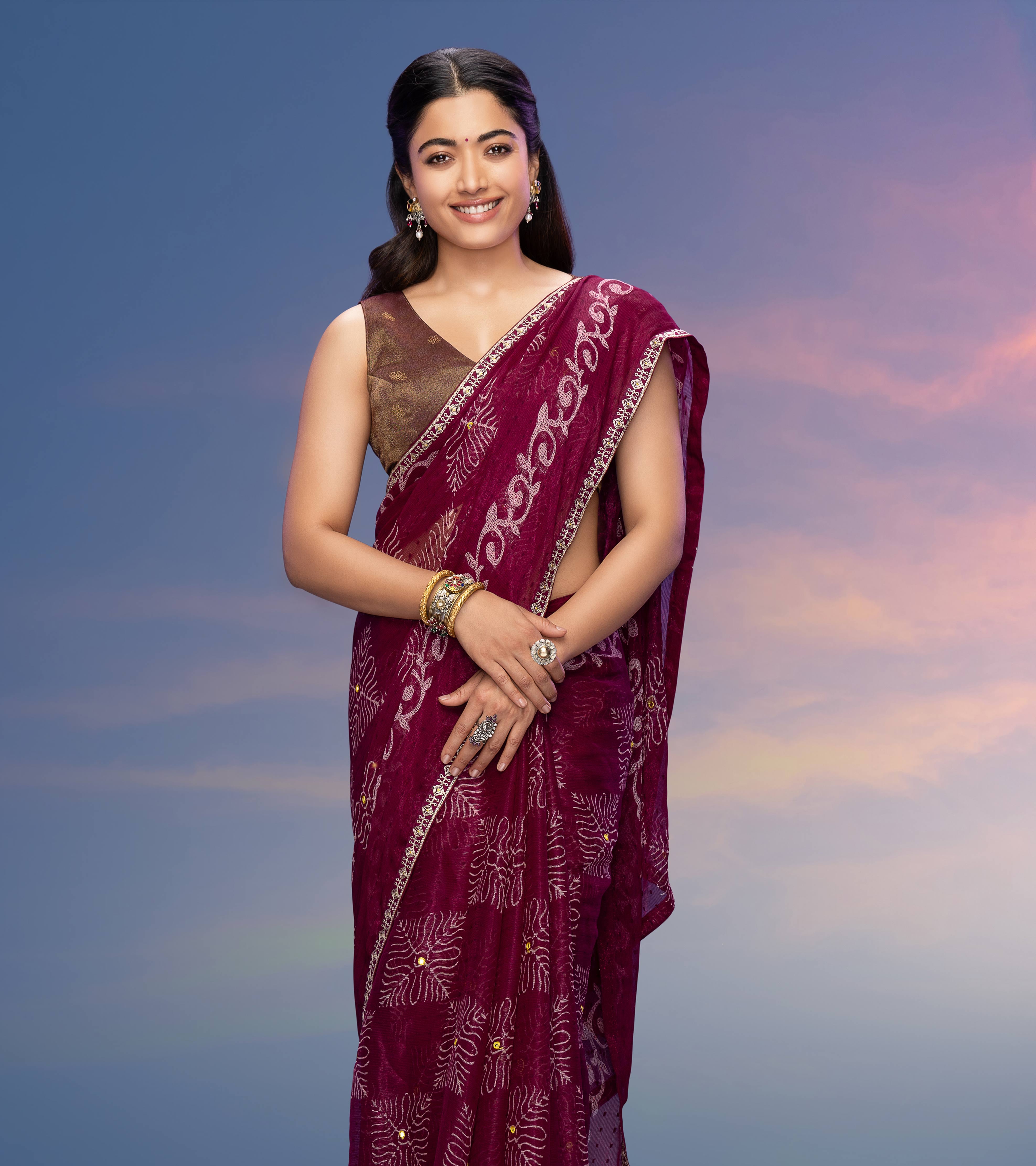 Rashmika for Laxmipati Floral Printed Chiffon Saree in Wine Color with Unstitched Blouse
