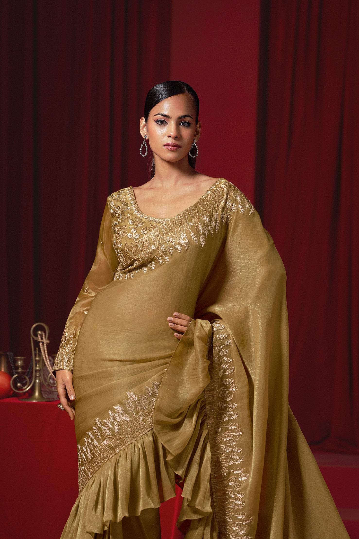 Golden Fancy Blouse Saree