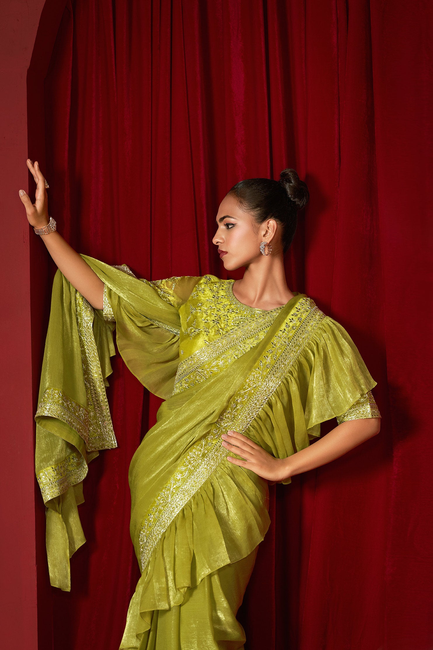 Green Ready To Wear Saree Green