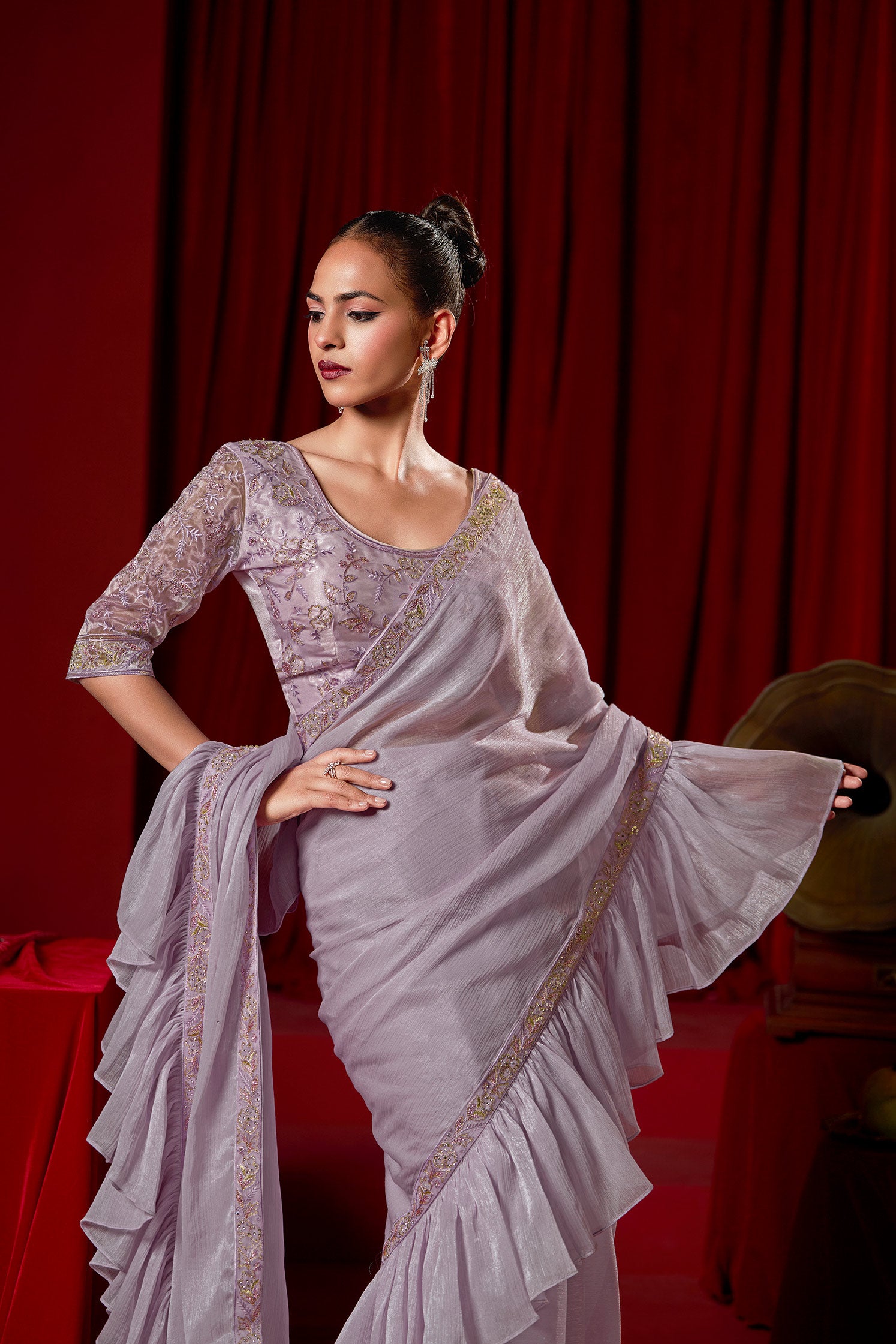 Laxmipati Ready-to-Wear Lilac Embroidered Georgette Saree
