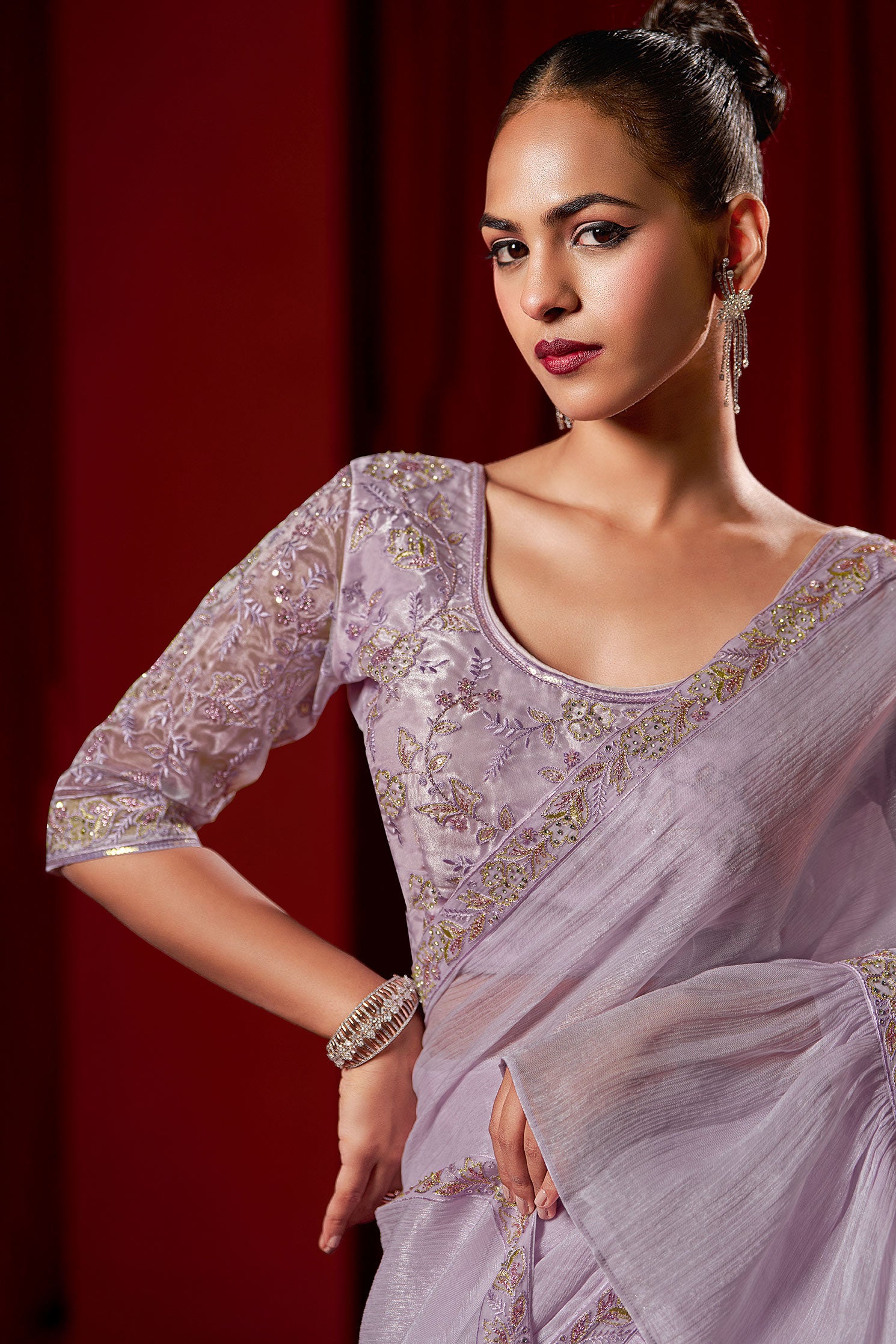 Laxmipati Ready-to-Wear Lilac Embroidered Georgette Saree