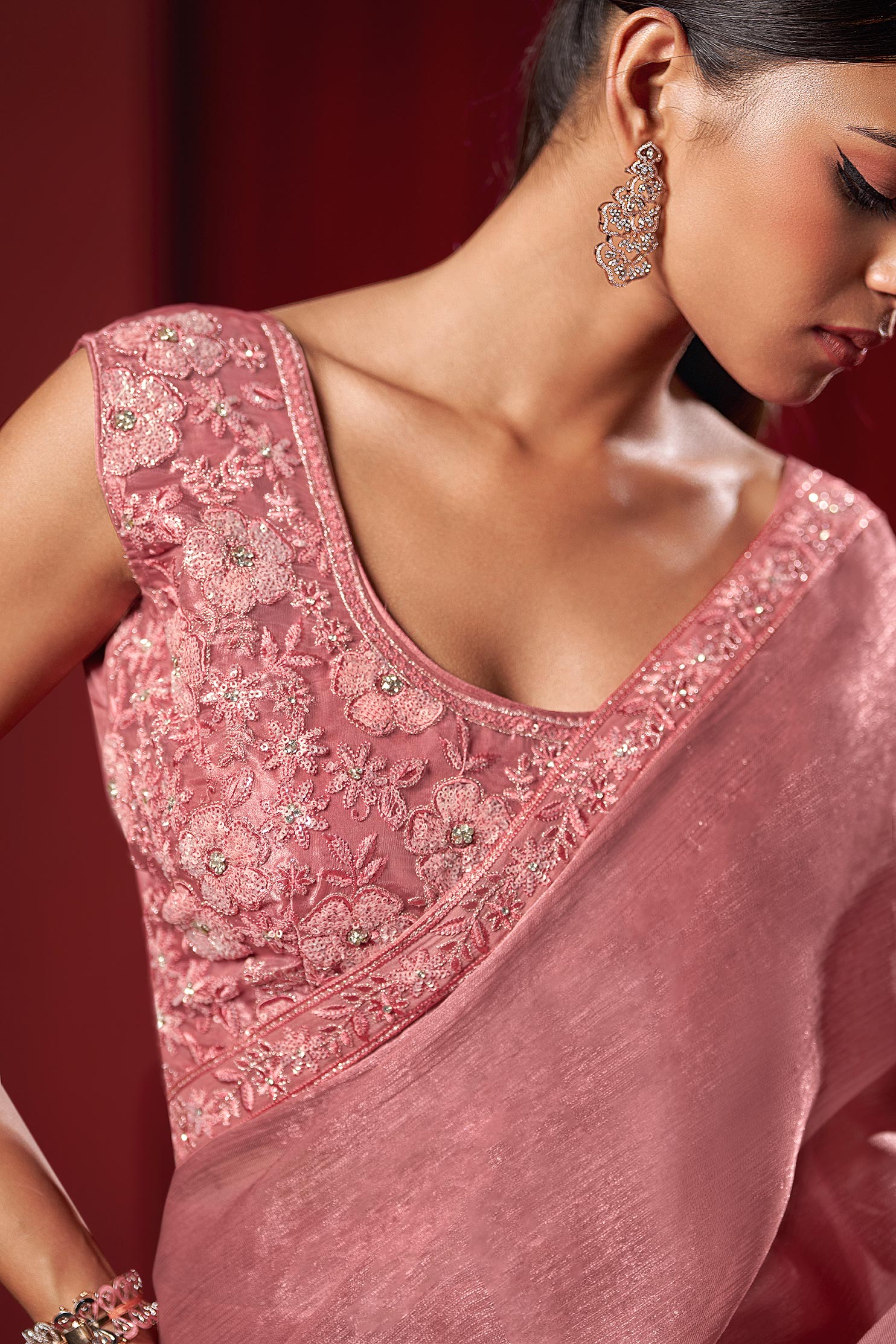 Cherry Pink Saree With Embroidered Blouse