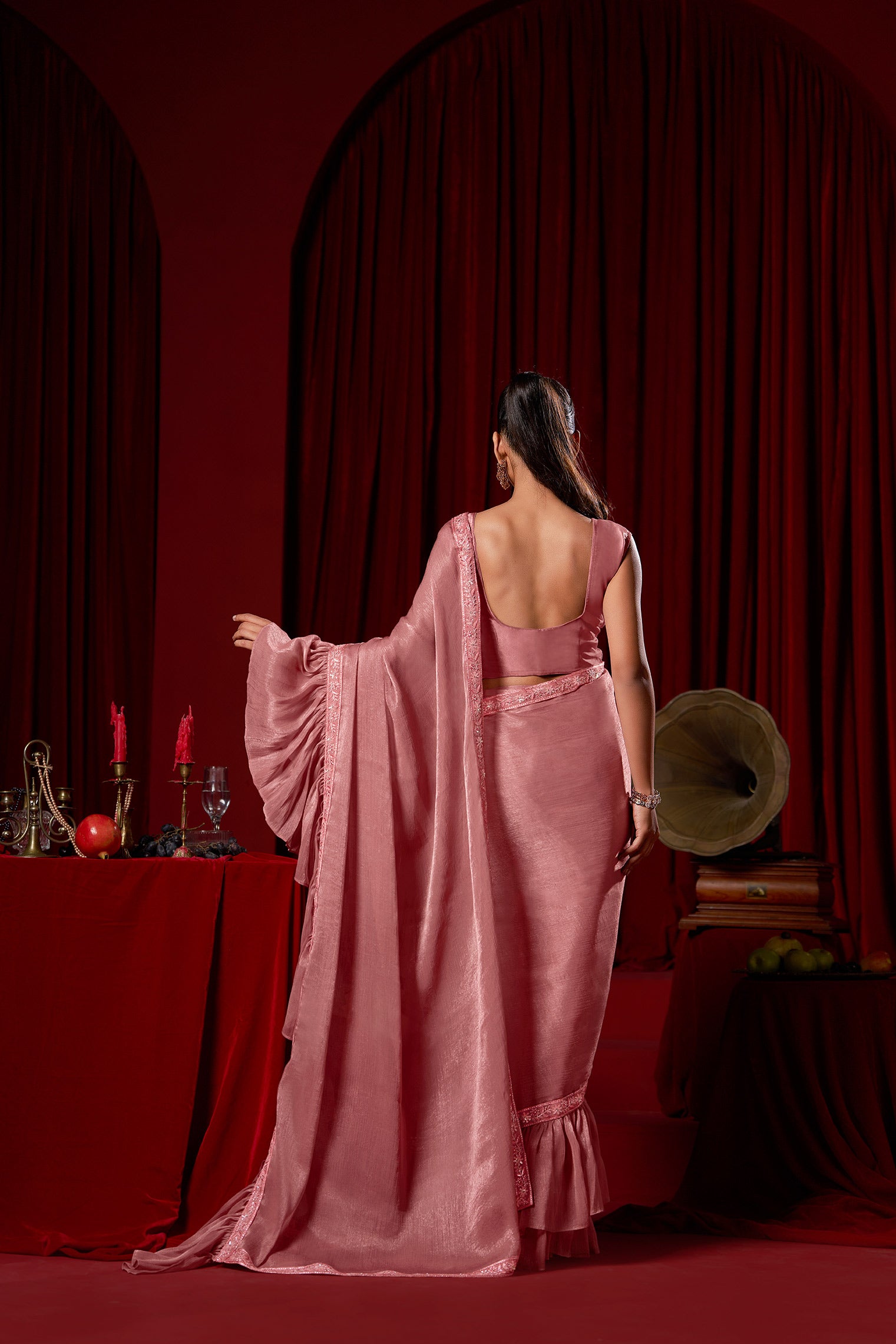 Cherry Pink Floral Embroidered Blouse Saree