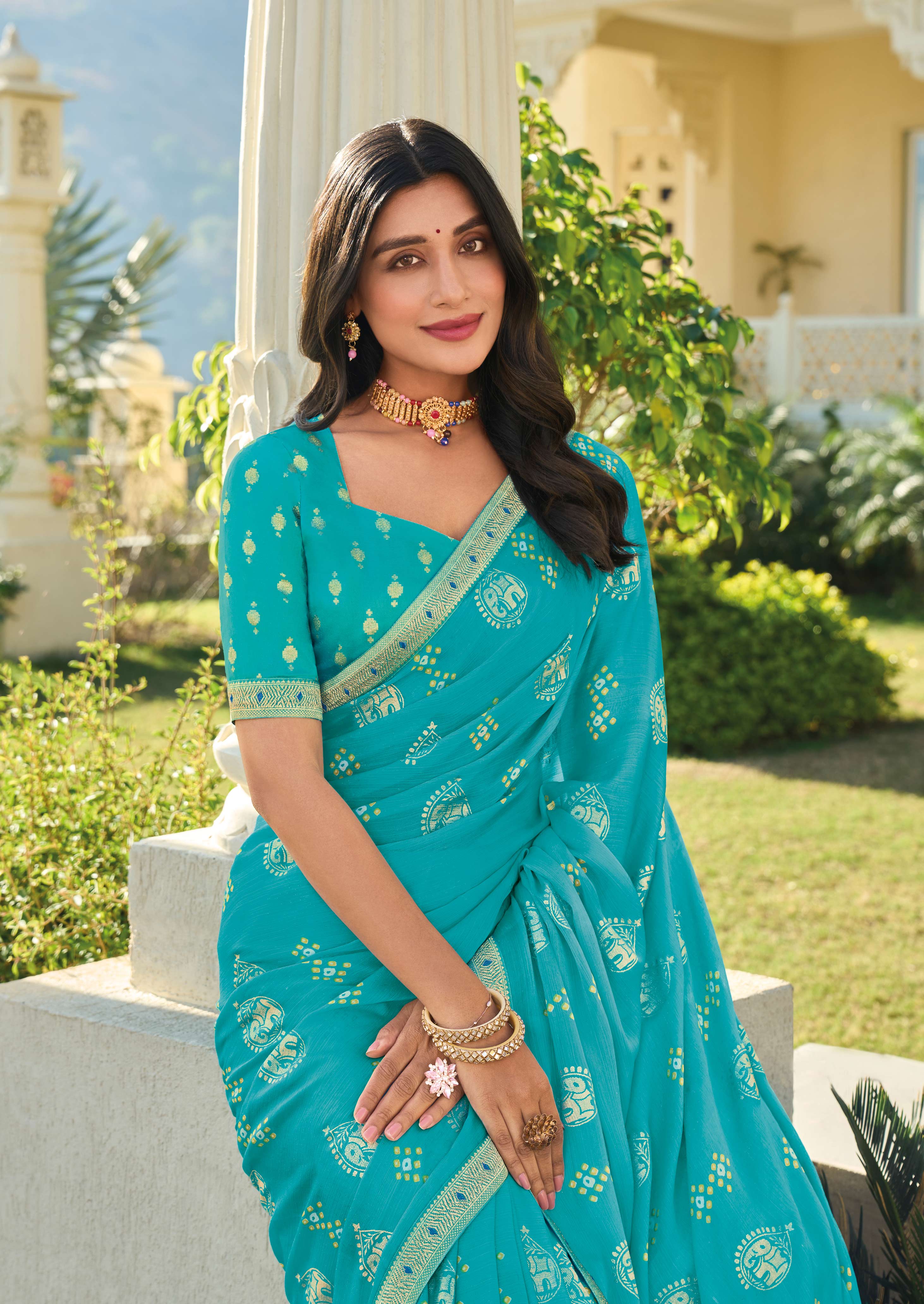Teal Elegance Chiffon Printed Saree – Graceful & Flowing Drape - Rang Panchami