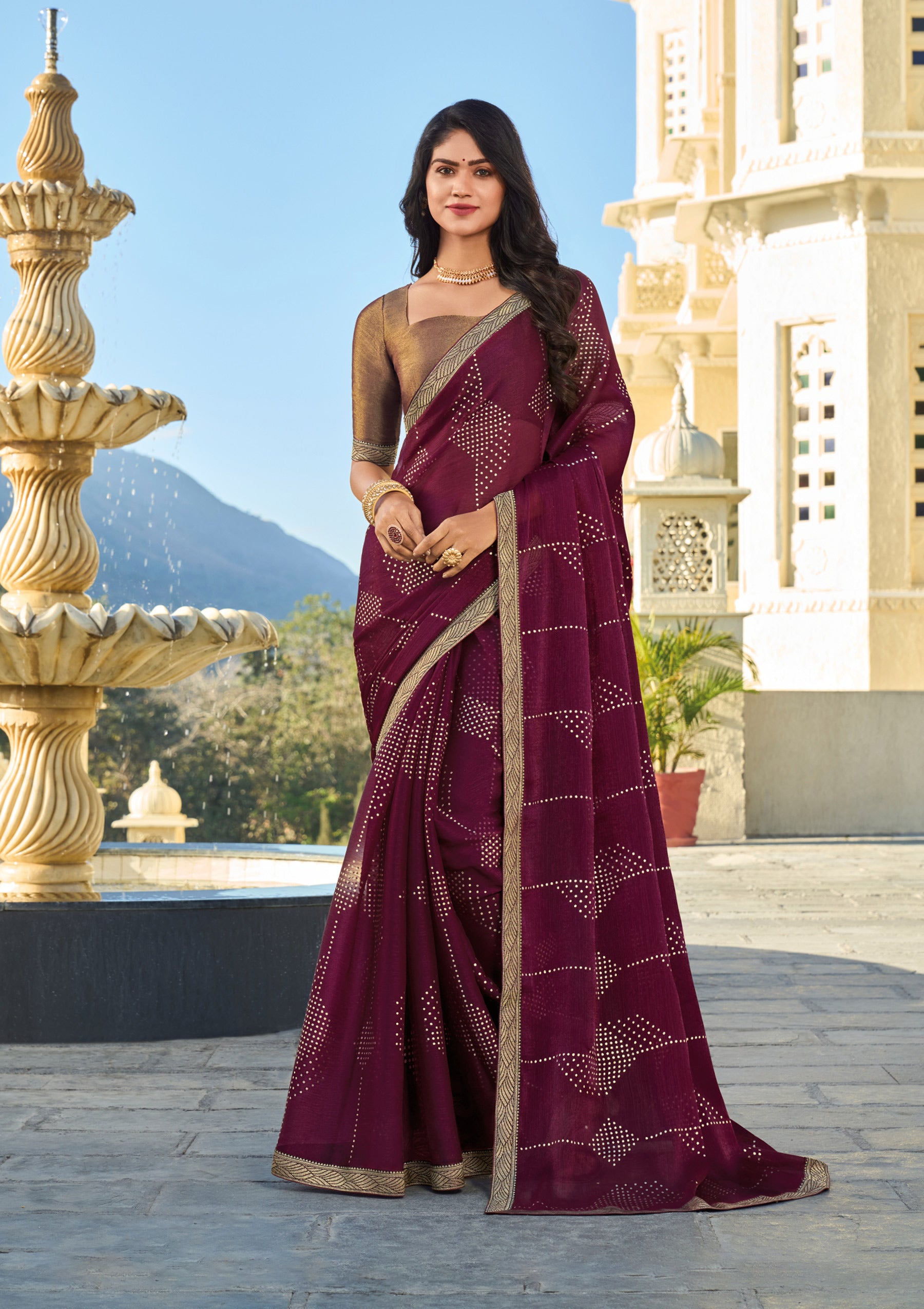 Wine Printed Saree in Satin Chiffon Patta – Lightweight & Luxurious- Rang Panchami