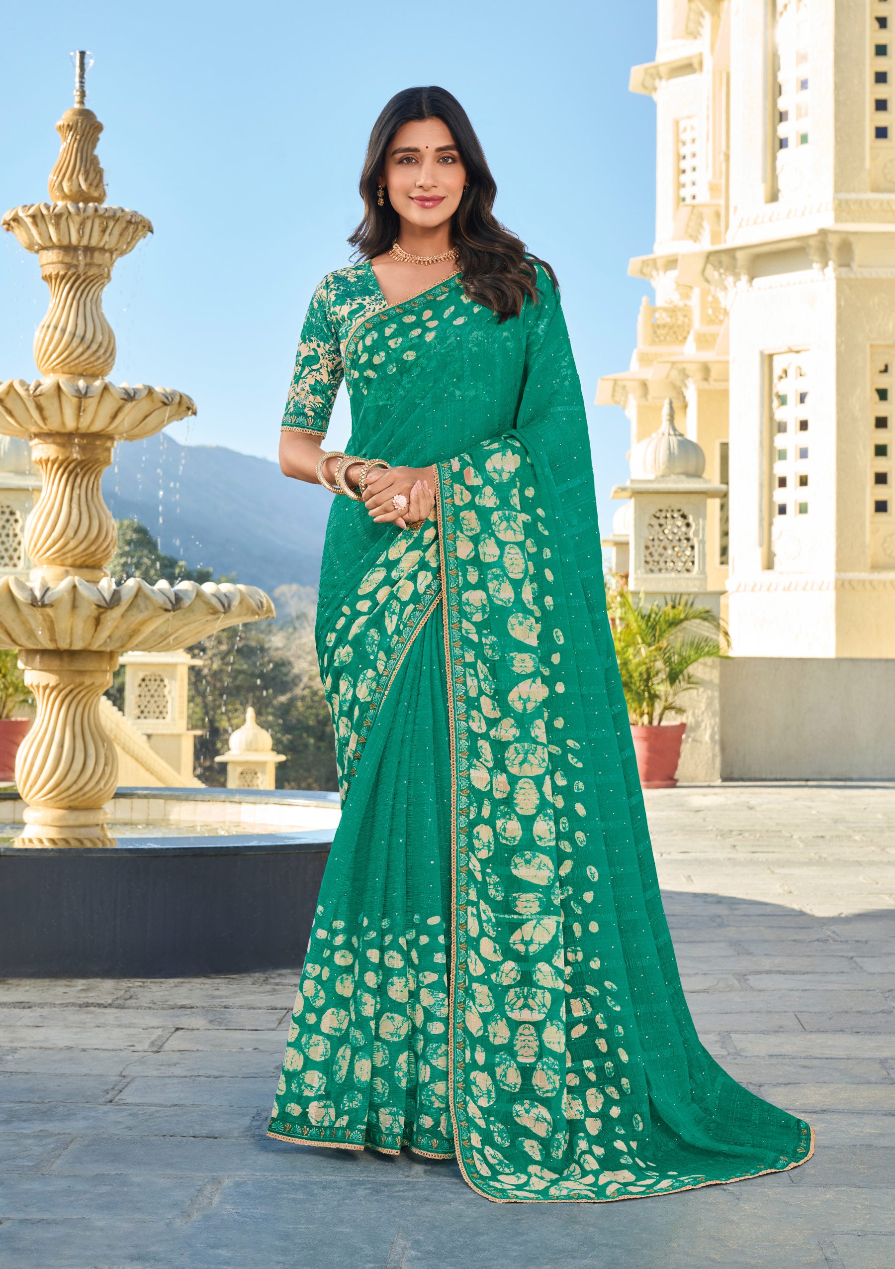 Teal Green Floral Chiffon Print Saree – Perfect for Casual & Office Wear- Rang Panchami