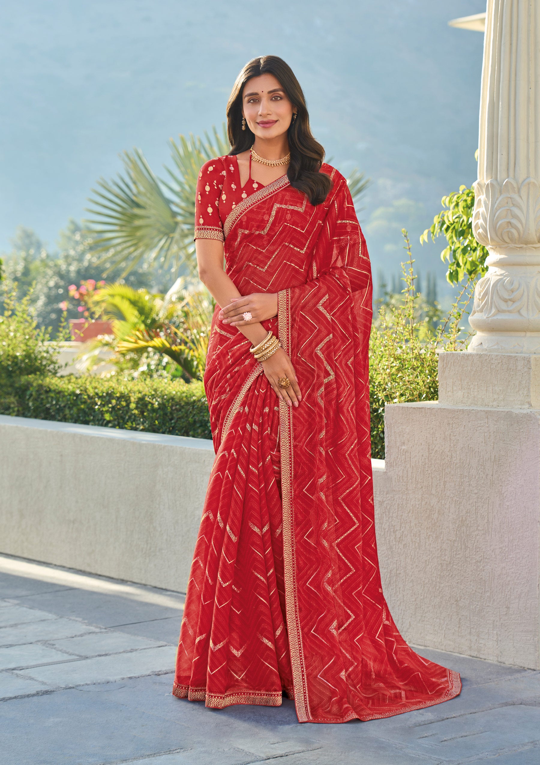 Red Chiffon Saree with Geometric Print – Soft, Flowing & Stylish - Rang Panchami