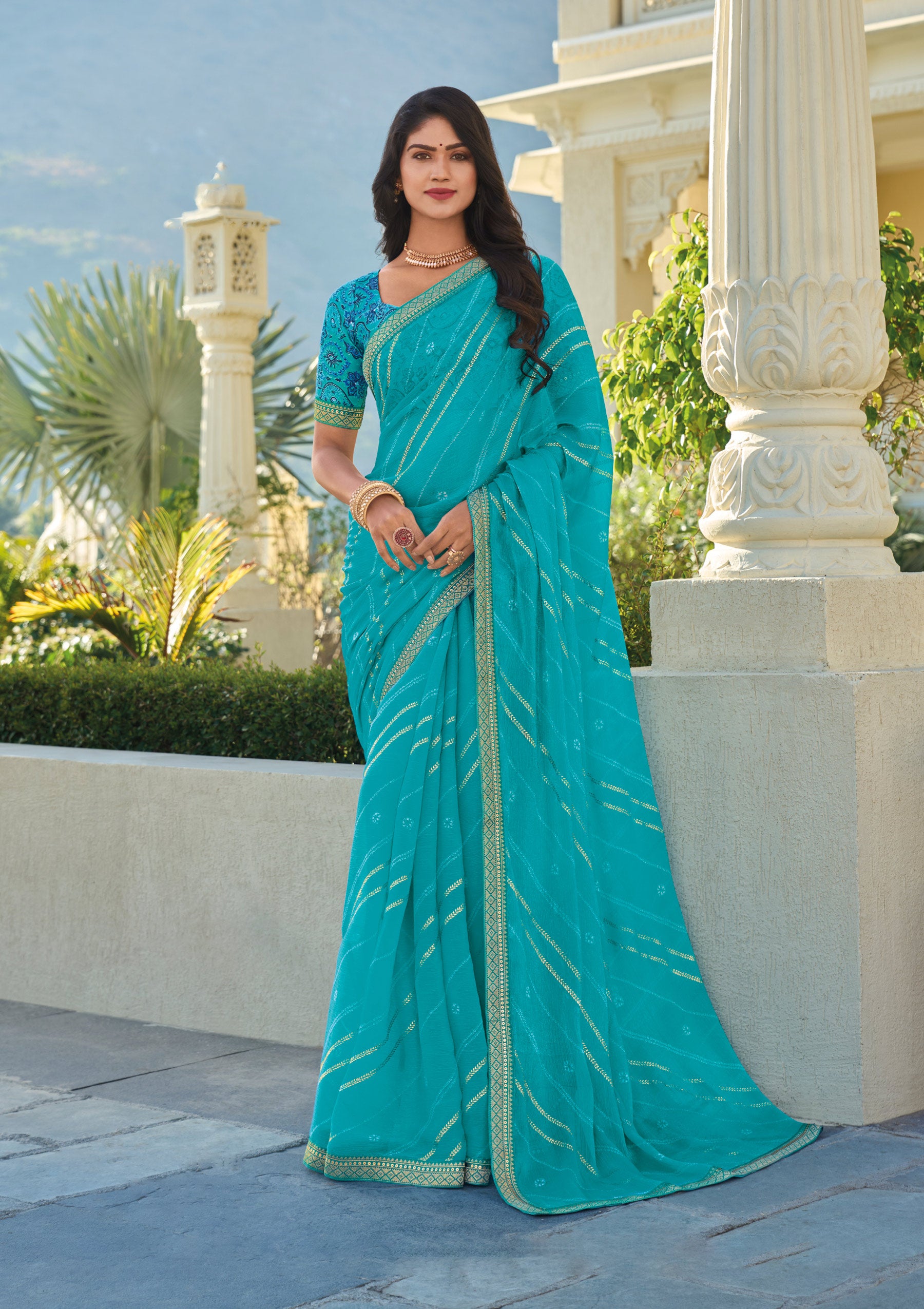 Blue Striped Chiffon Saree – Soft, Flowing & Stylish - Rang Panchami