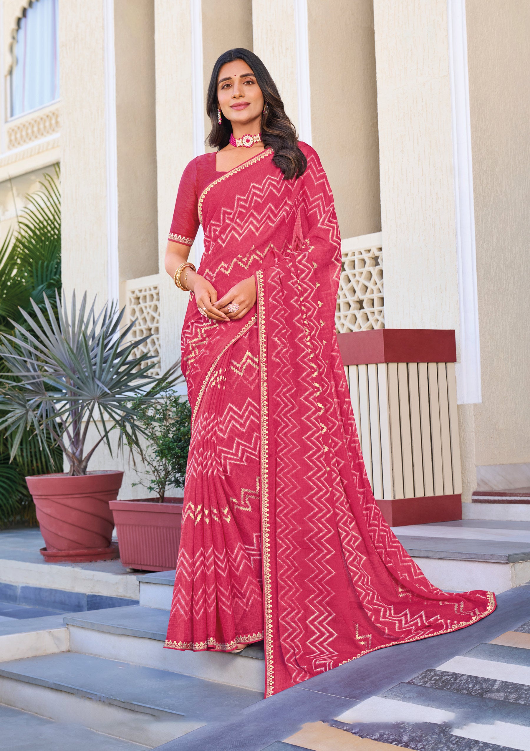Pink Geometric Pattern Saree – Perfect for Casual - Rang Panchami