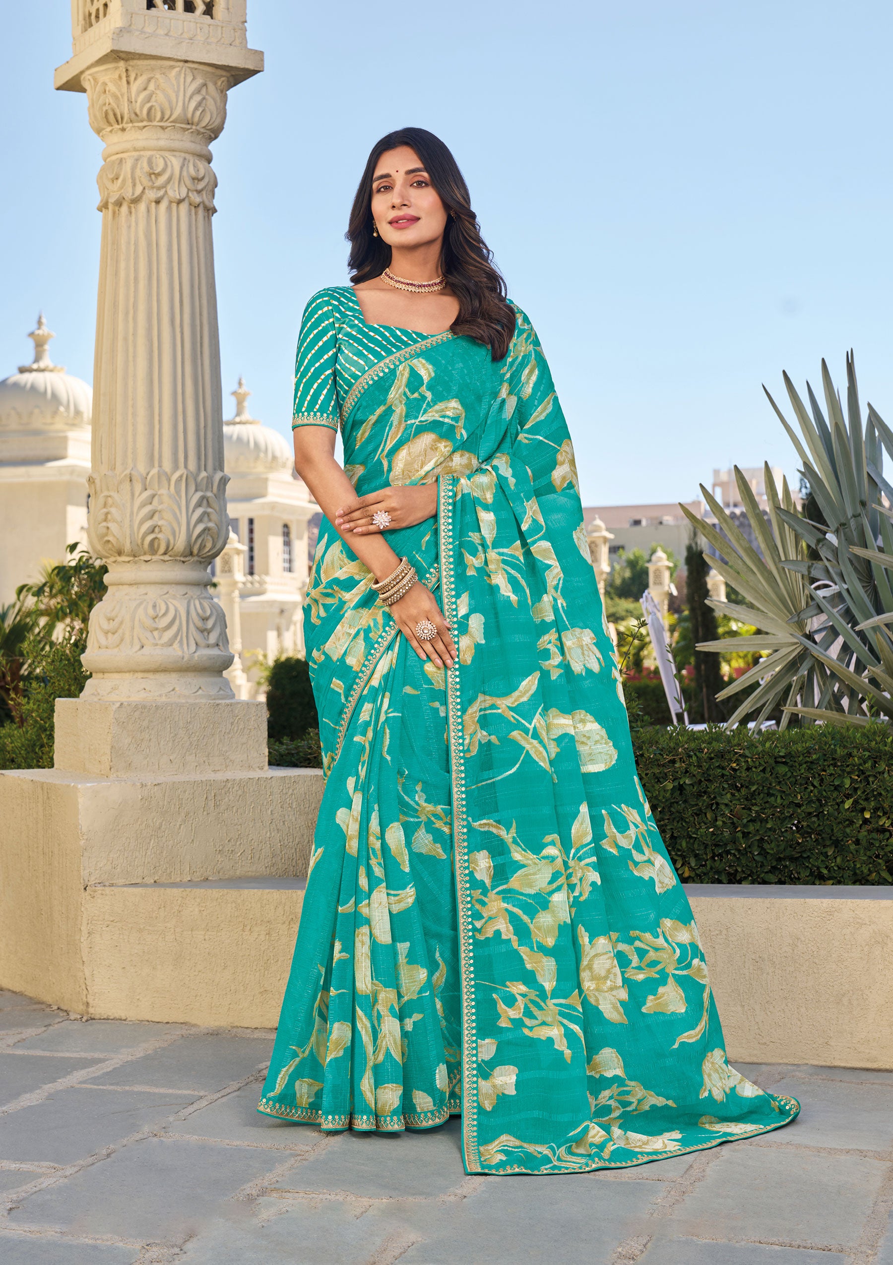 Turquoise Blue Chiffon Saree with Floral Prints – Soft & Stylish - Rang Panchami