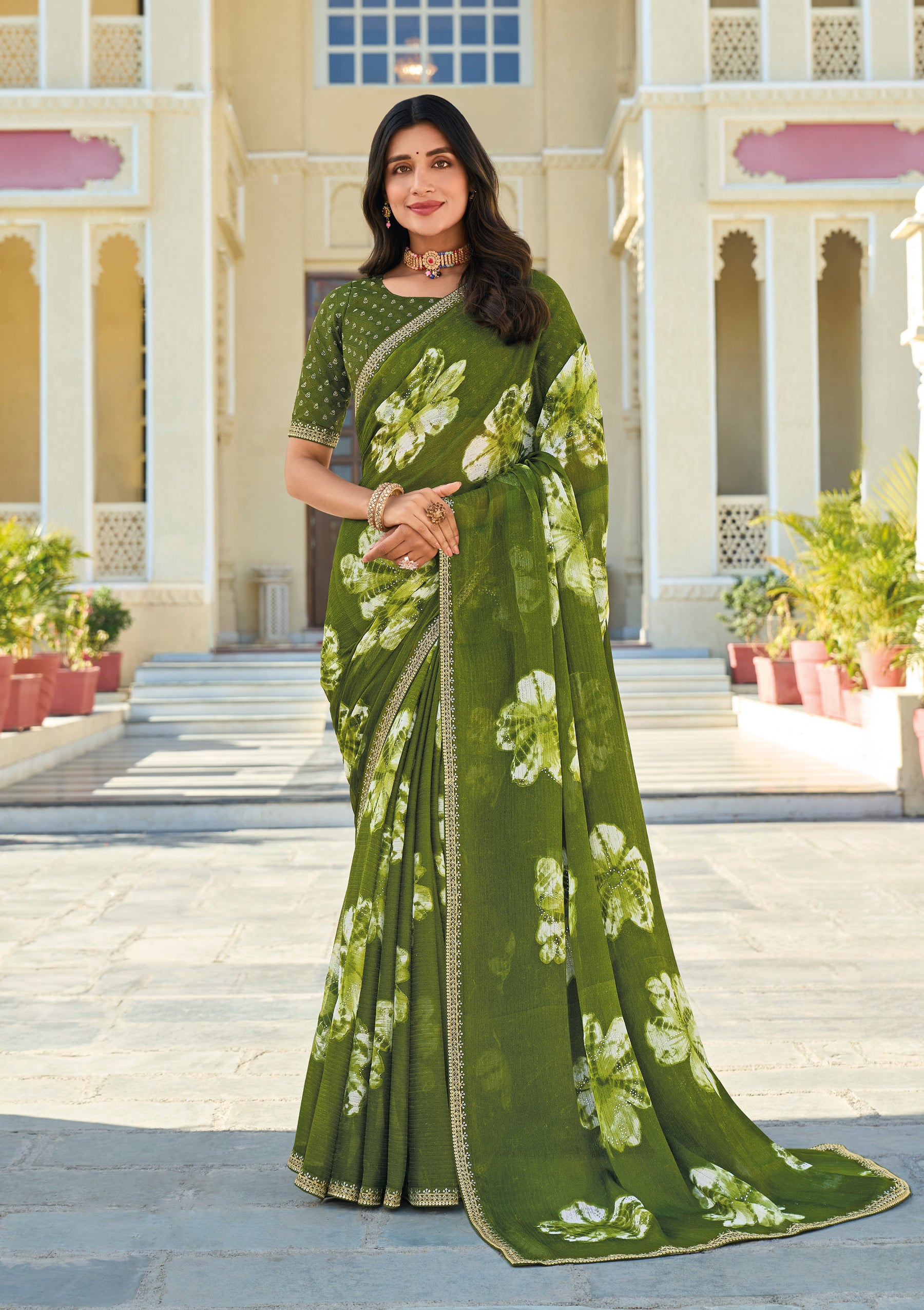 Green Chiffon Saree with Floral Patterns – Ethnic, Classy & Vibrant- Rang Panchami