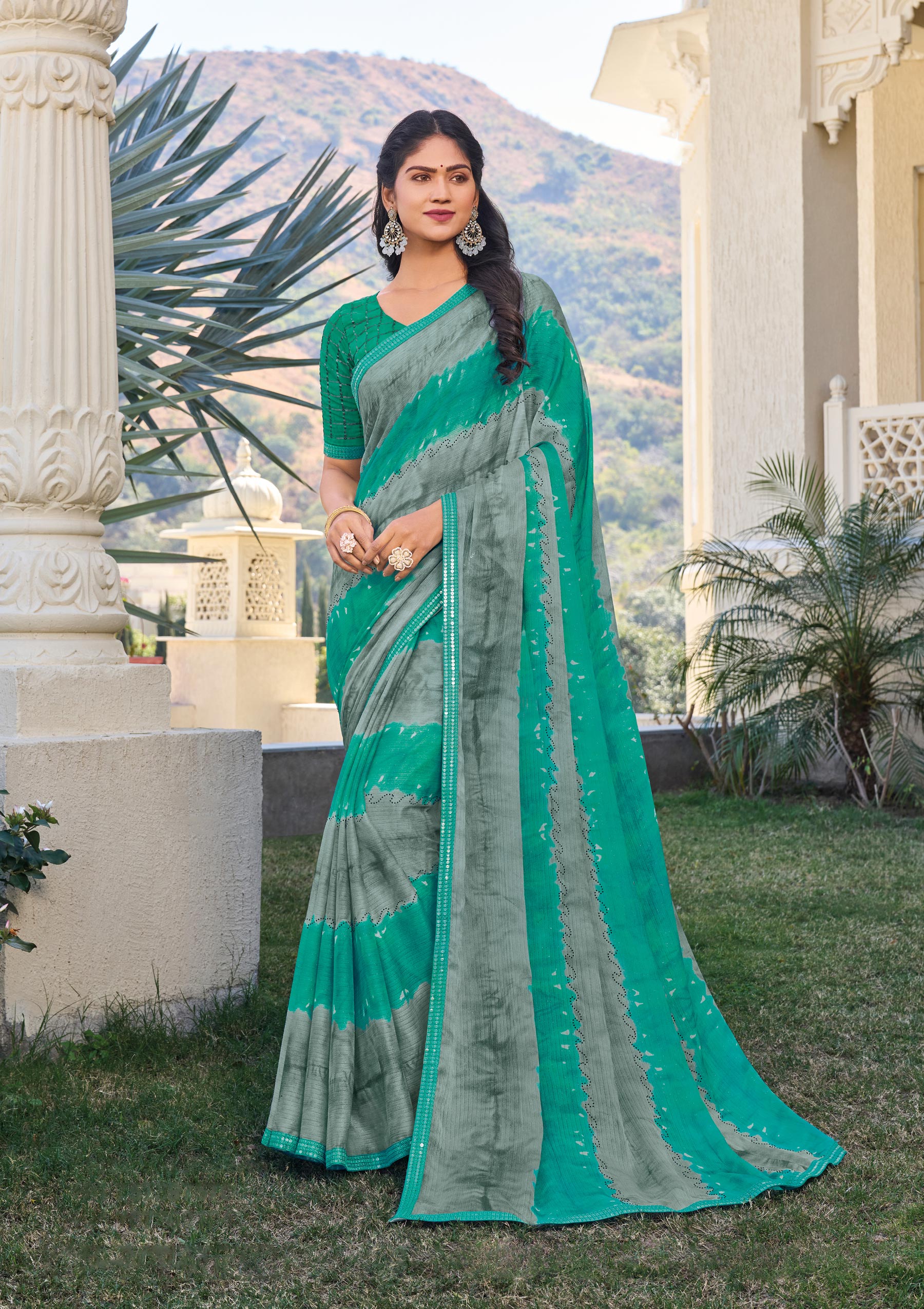Teal Blue Chiffon Abstract Printed Saree – Elegant, Lightweight & Graceful Drape- Rang Panchami