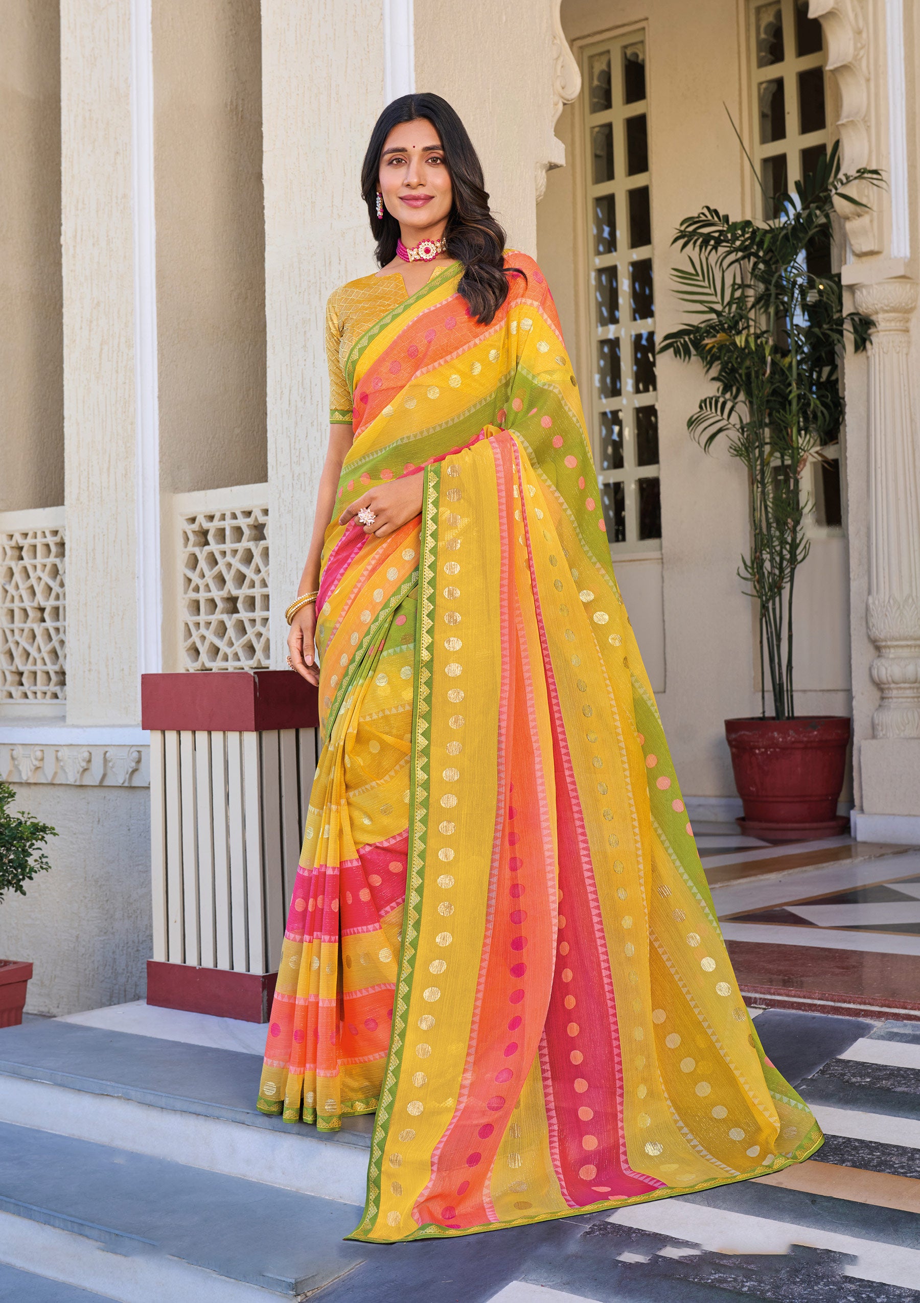 Multicolor Satin Chiffon Saree with Stripe Pattern – Elegant, Lightweight & Stylish- Rang Panchami