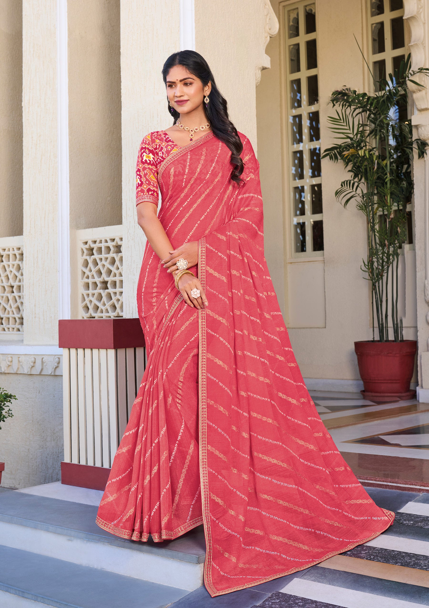 Peach Striped Chiffon Saree – Soft, Flowing & Trendy Look- Rang Panchami