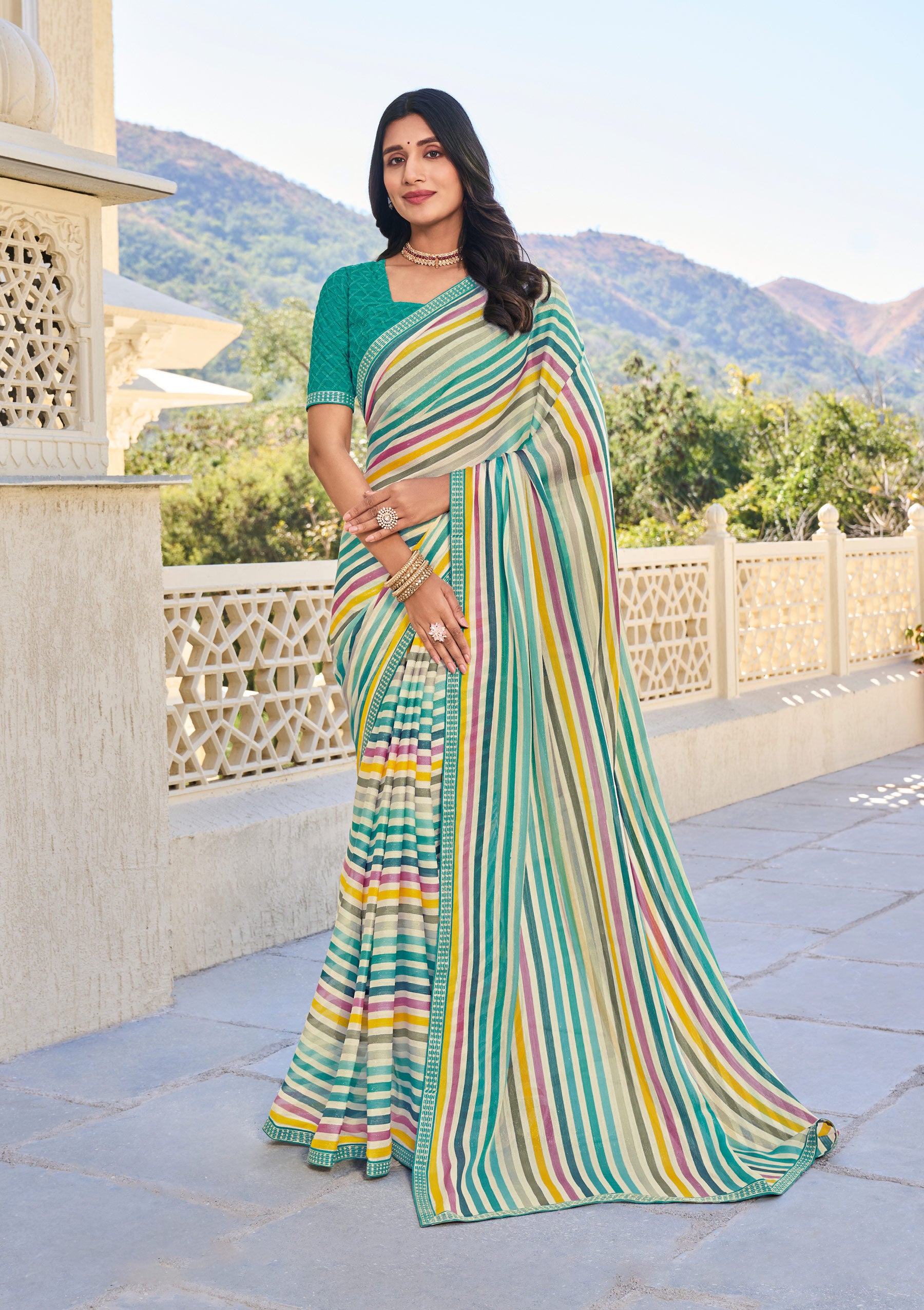 Multicolor Striped Georgette Saree – Soft, Flowing & Trendy- Rang Panchami