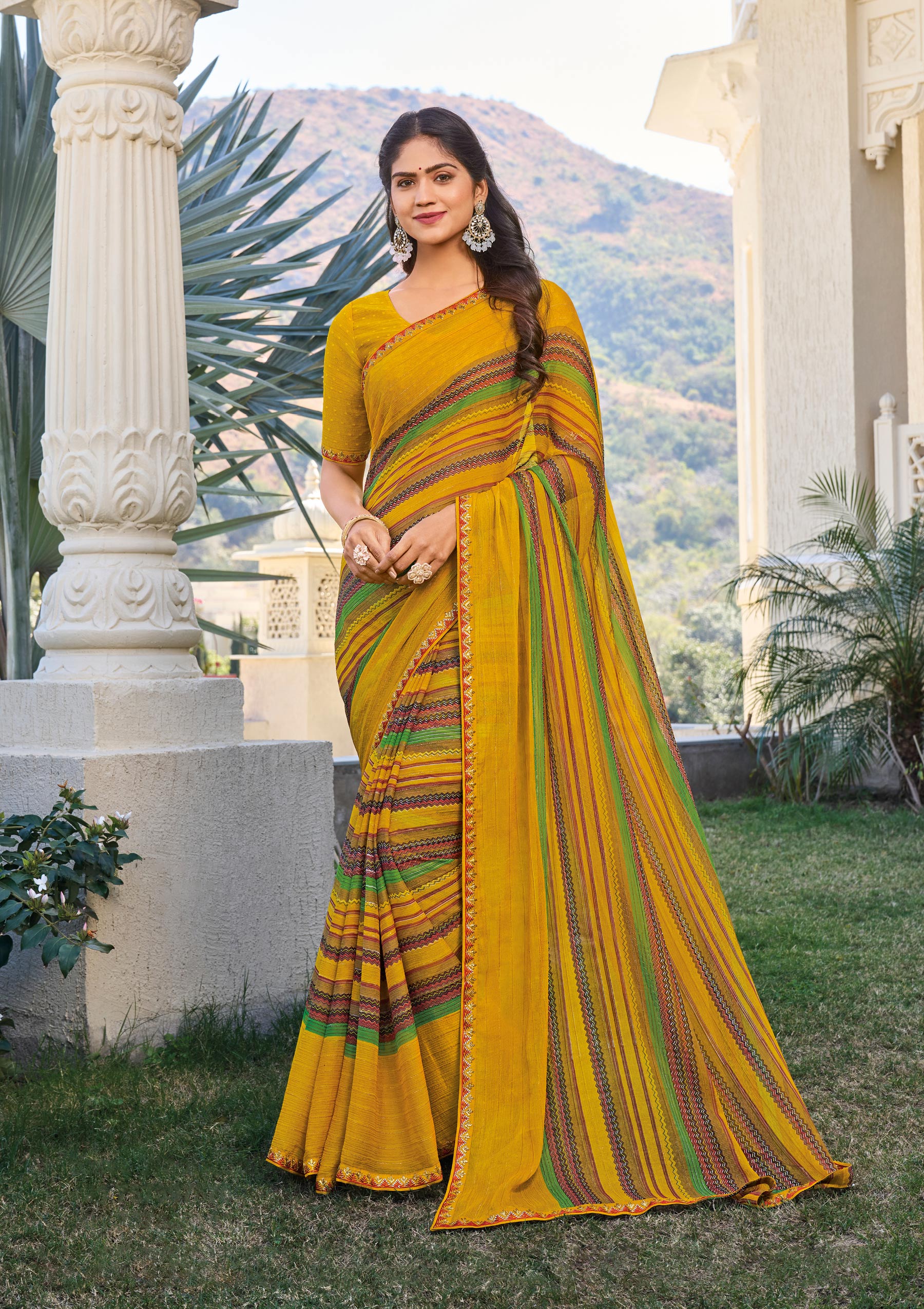 Mustard Printed Chiffon Saree – Ideal for Office & Daily Wear - Rang Panchami