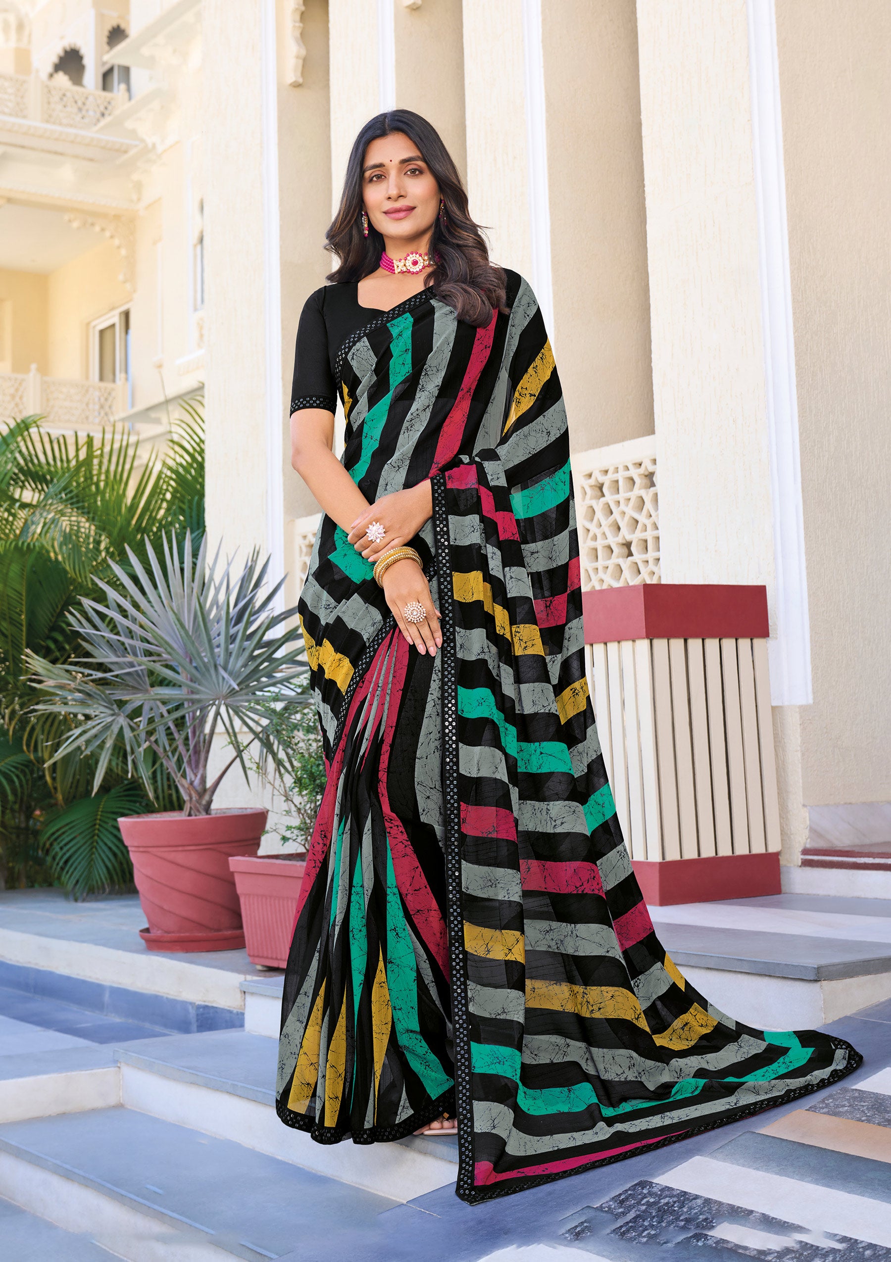Black Silk Printed Saree with Striped Pattern – Traditional Yet Trendy - Rang Panchami