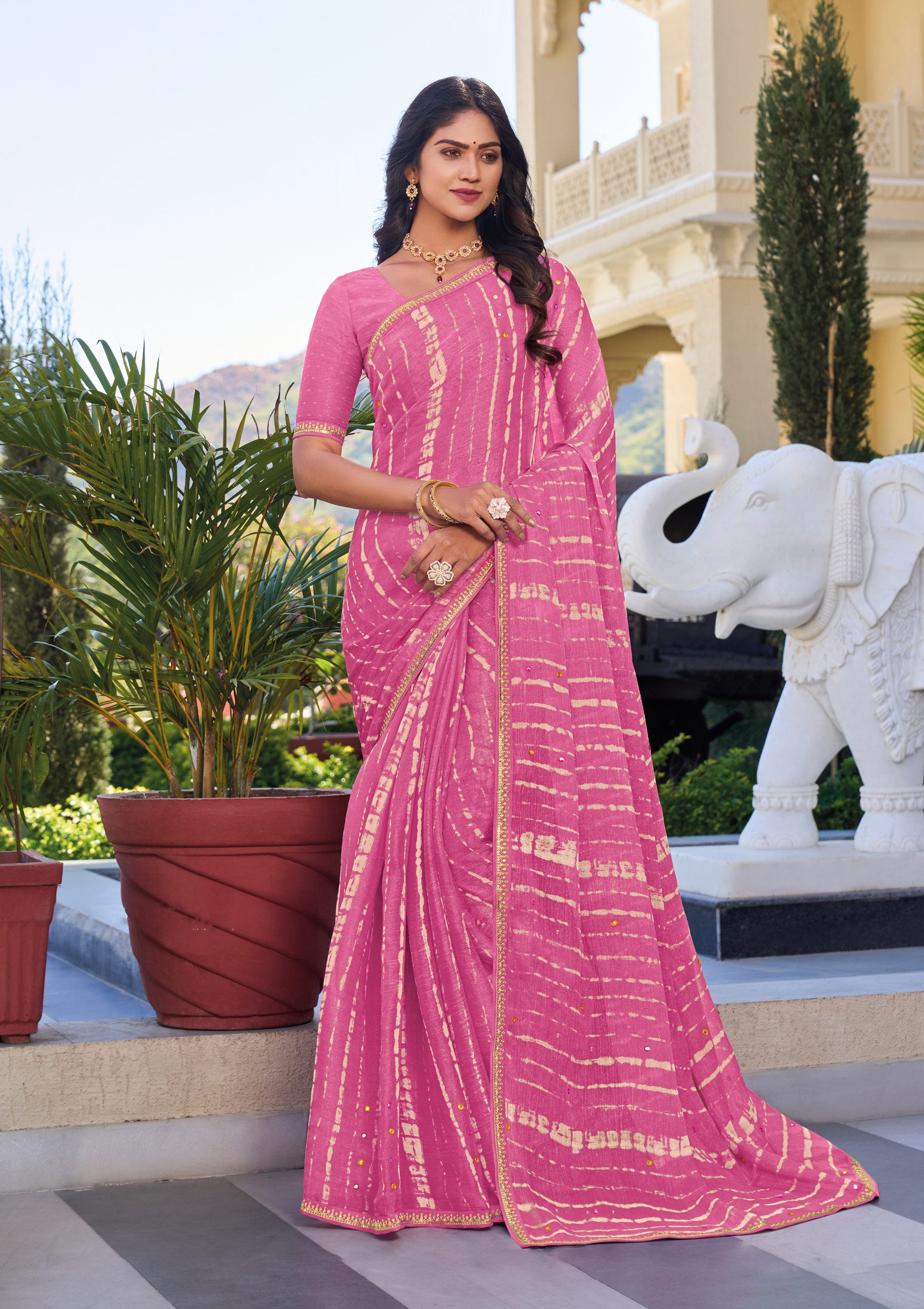 Pink Chiffon Printed Saree – Elegant, Lightweight & Graceful Drape - Rang Panchami