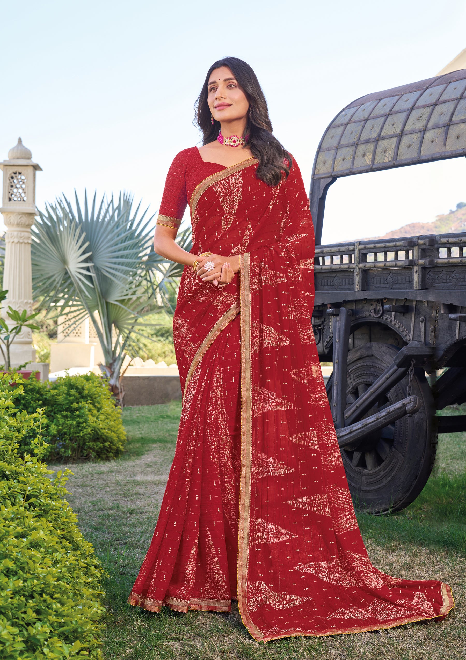 Red Geometric Pattern Chiffon Saree – Soft, Flowing & Stylish - Rang Panchami