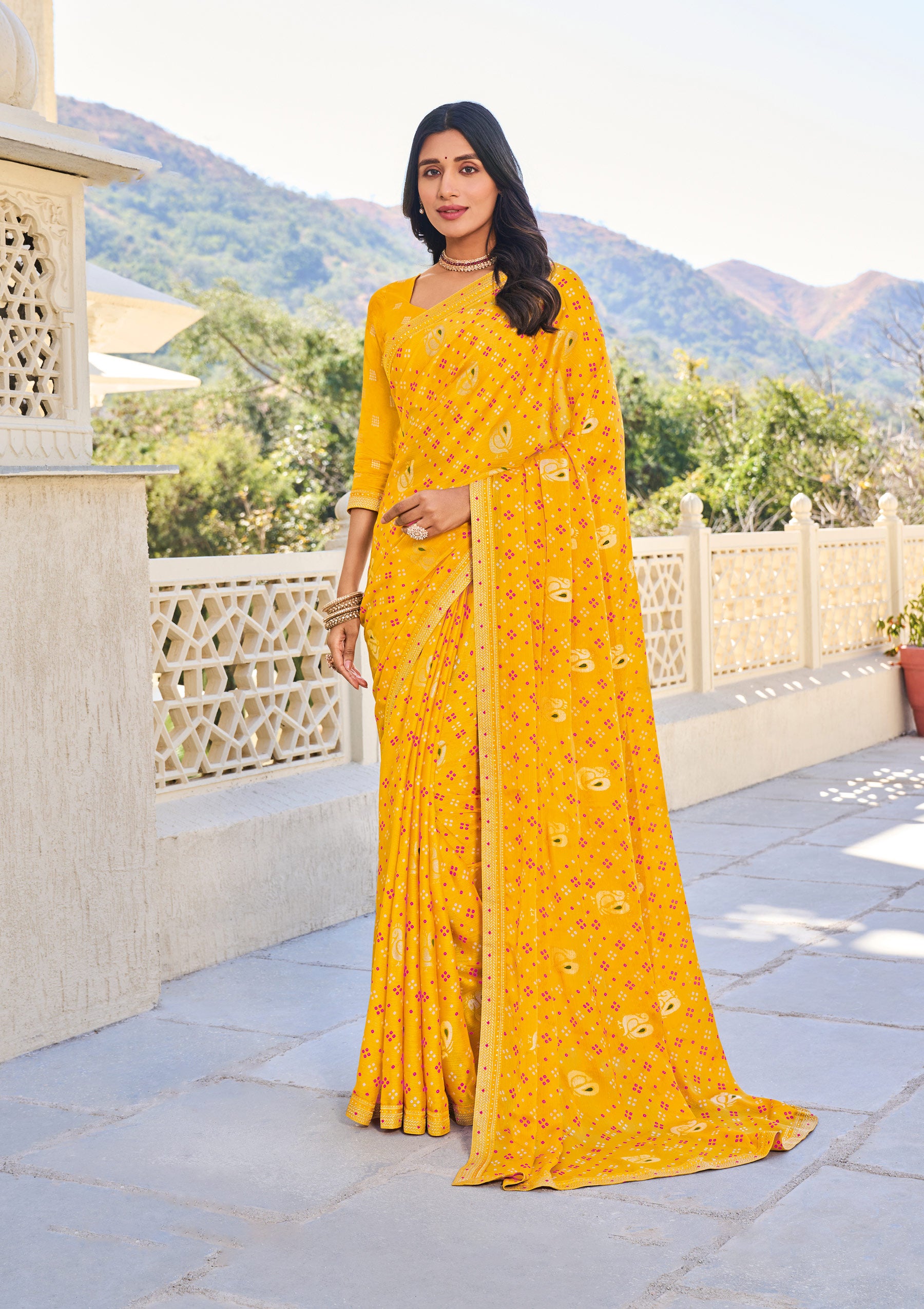 Mustard Yellow Chiffon Bandhani Print Saree – Lightweight & Graceful Drape- Rang Panchami