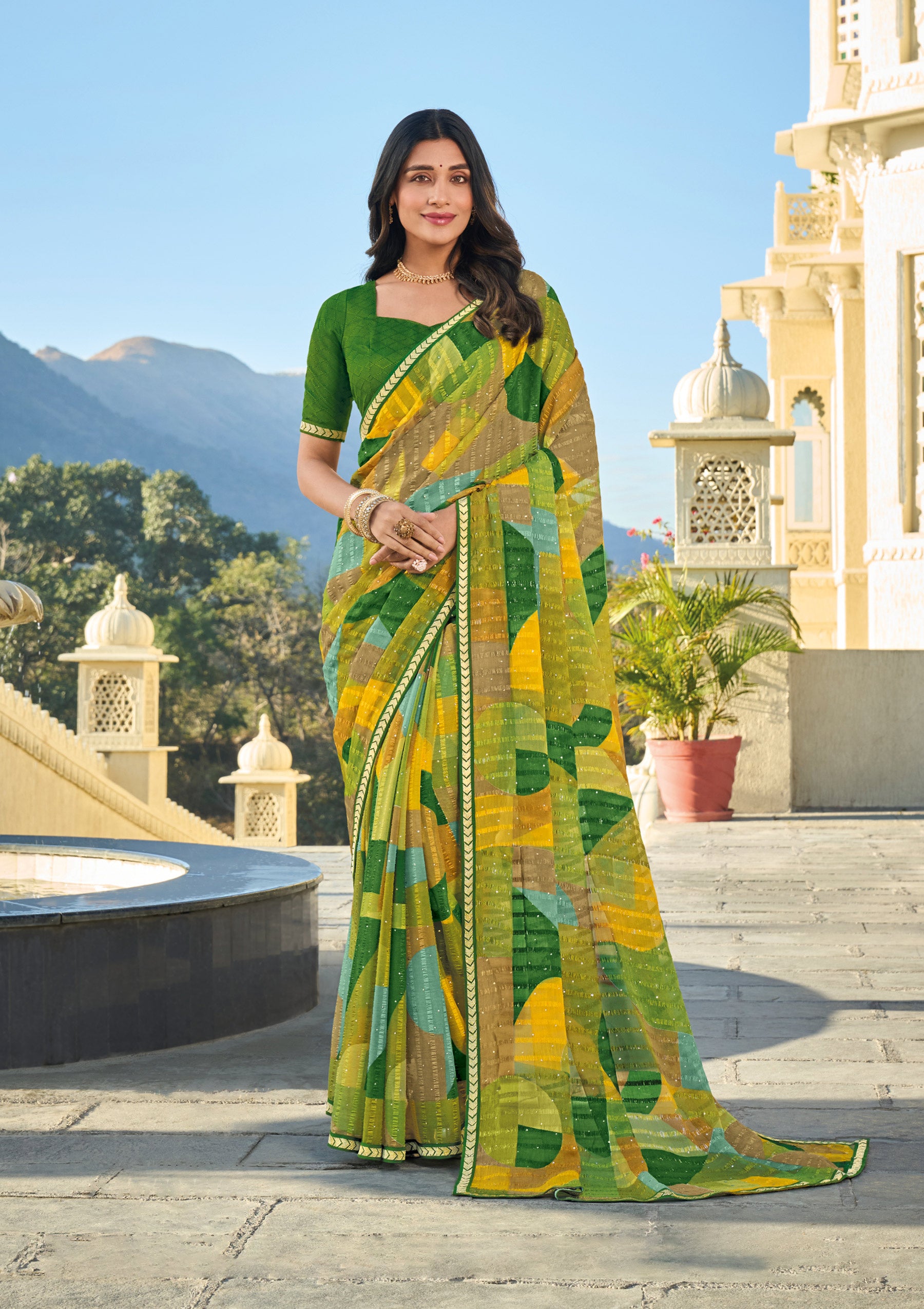 Multicolor Abstract Printed Chiffon Saree – Perfect for Casual & Office Wear- Rang Panchami