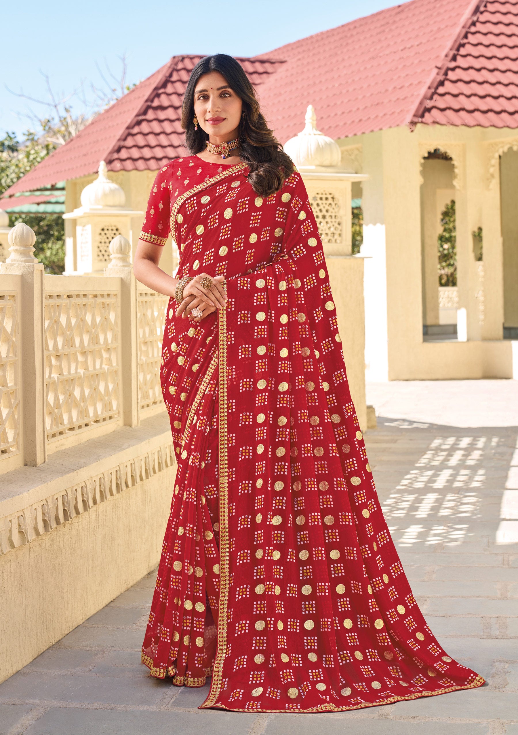 Red Printed Chiffon Saree – Ethereal, Soft & Comfortable- Rang Panchami