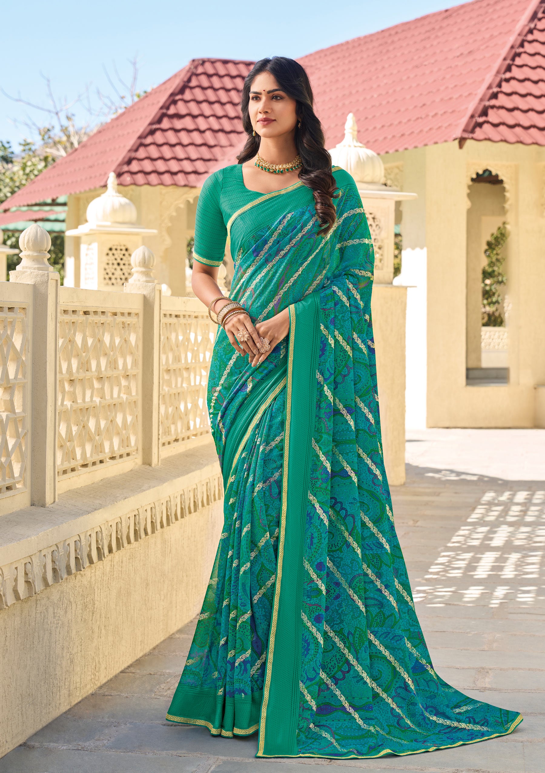 Teal Green Chiffon Printed Saree – Lightweight & Stylish Drape- Rang Panchami