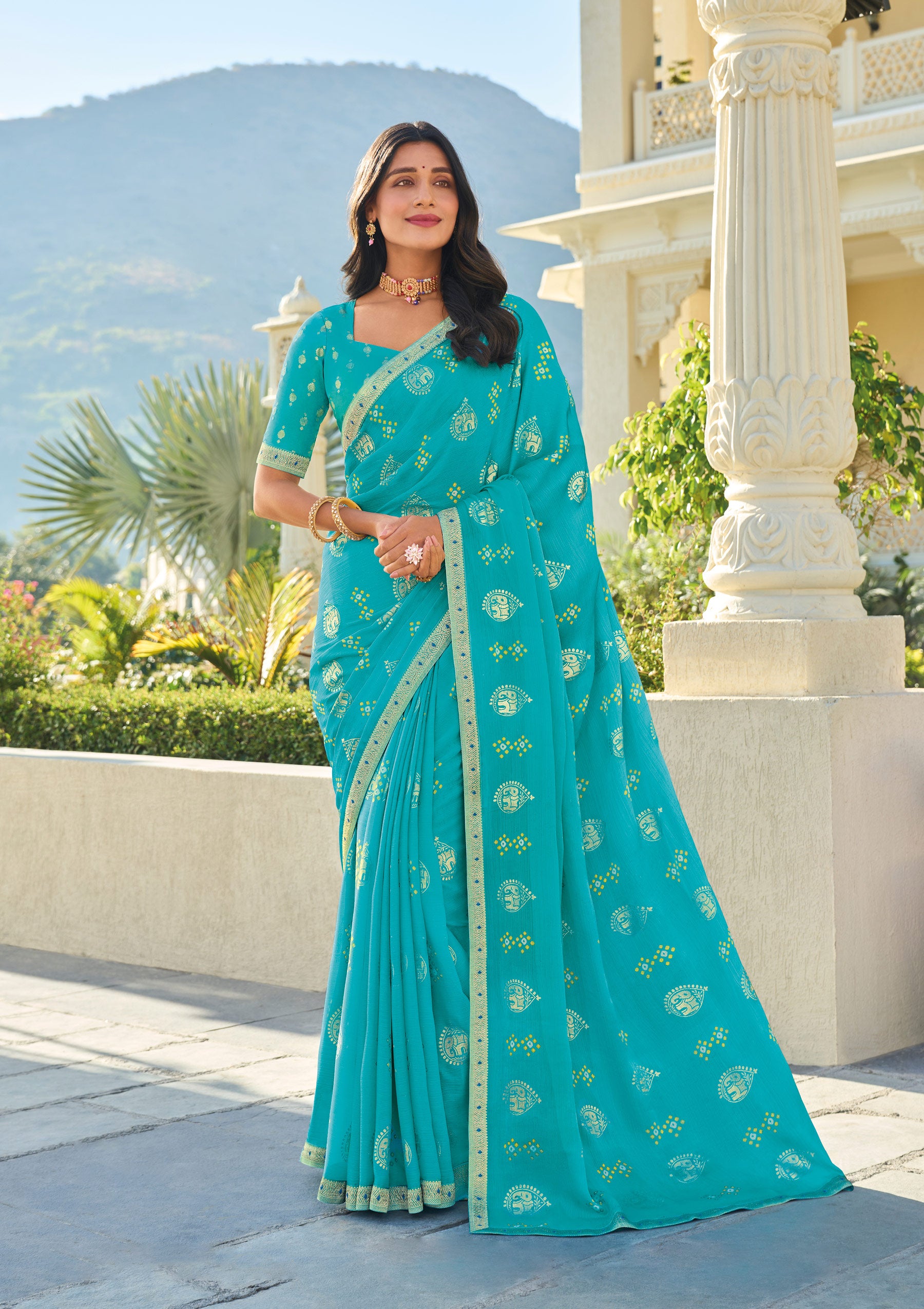 Teal Elegance Chiffon Printed Saree – Graceful & Flowing Drape - Rang Panchami