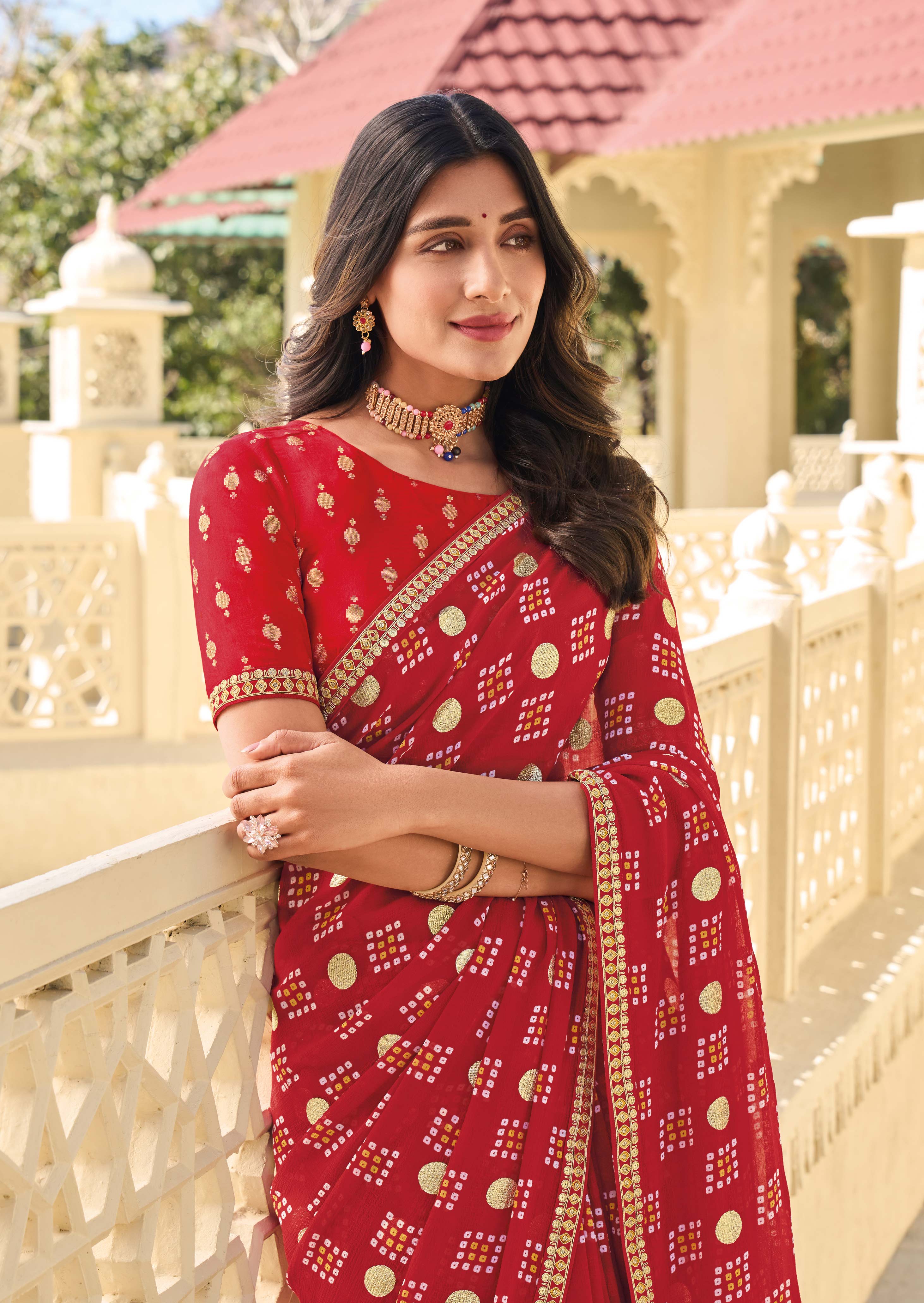 Red Printed Chiffon Saree – Ethereal, Soft & Comfortable- Rang Panchami