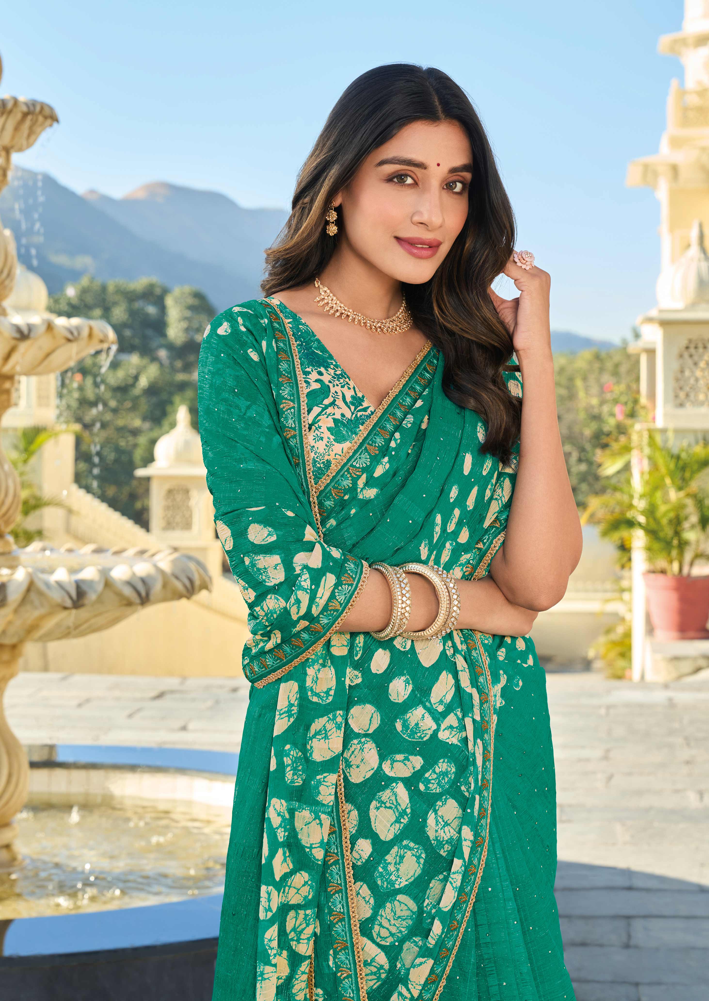 Teal Green Floral Chiffon Print Saree – Perfect for Casual & Office Wear- Rang Panchami